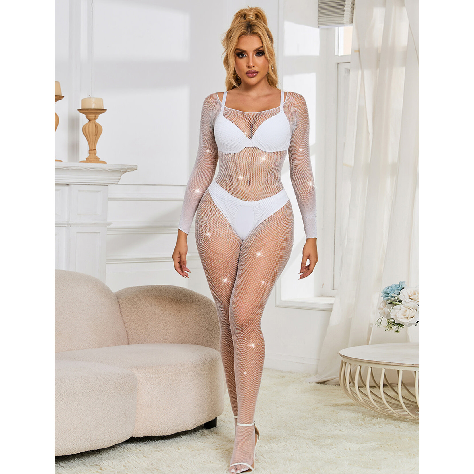 OH YEAH! OH YEAH! WHITE FISHNET DIAMONDS LONG SLEEVE BODYSTOCKING L-2XL WHITE