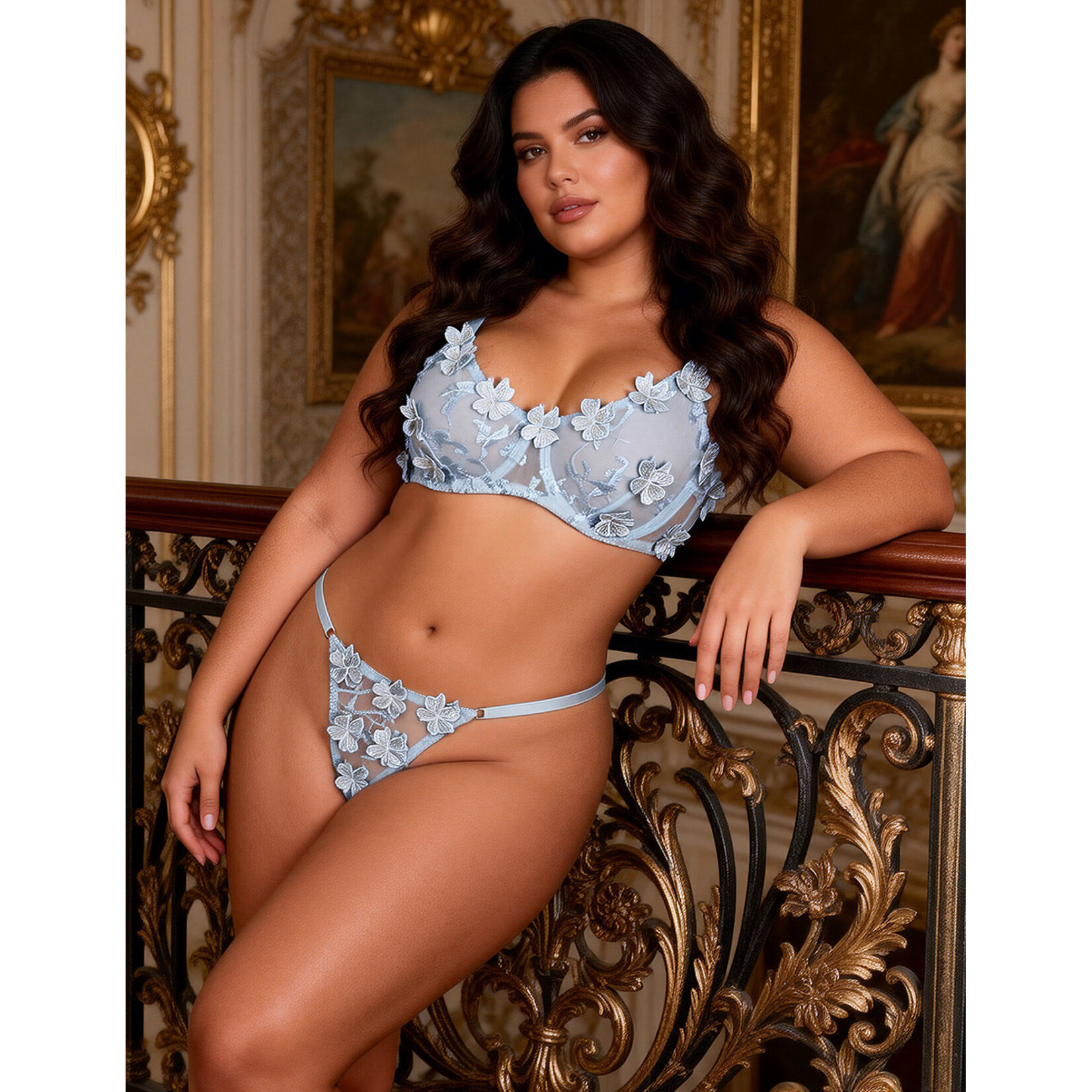 OH YEAH! OH YEAH! BLUE SEXY FLORAL MESH EMBROIDERY LACE BRA SET XL BLUE