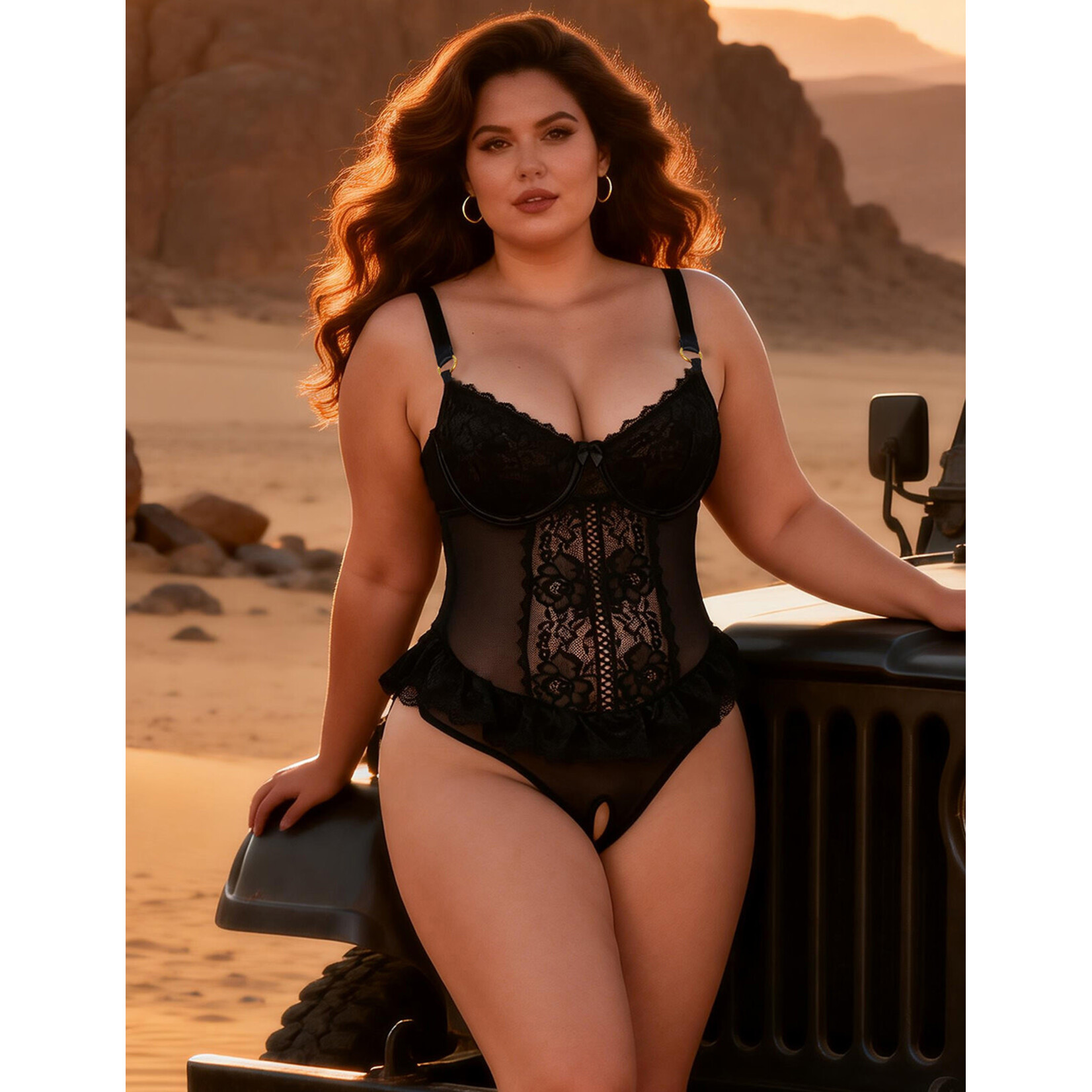 OH YEAH! OH YEAH! BLACK LACE MESH HALTER NECK U SHAPE BACKLESS RUFFLED CROTCHLESS BODYSUIT XL BLACK
