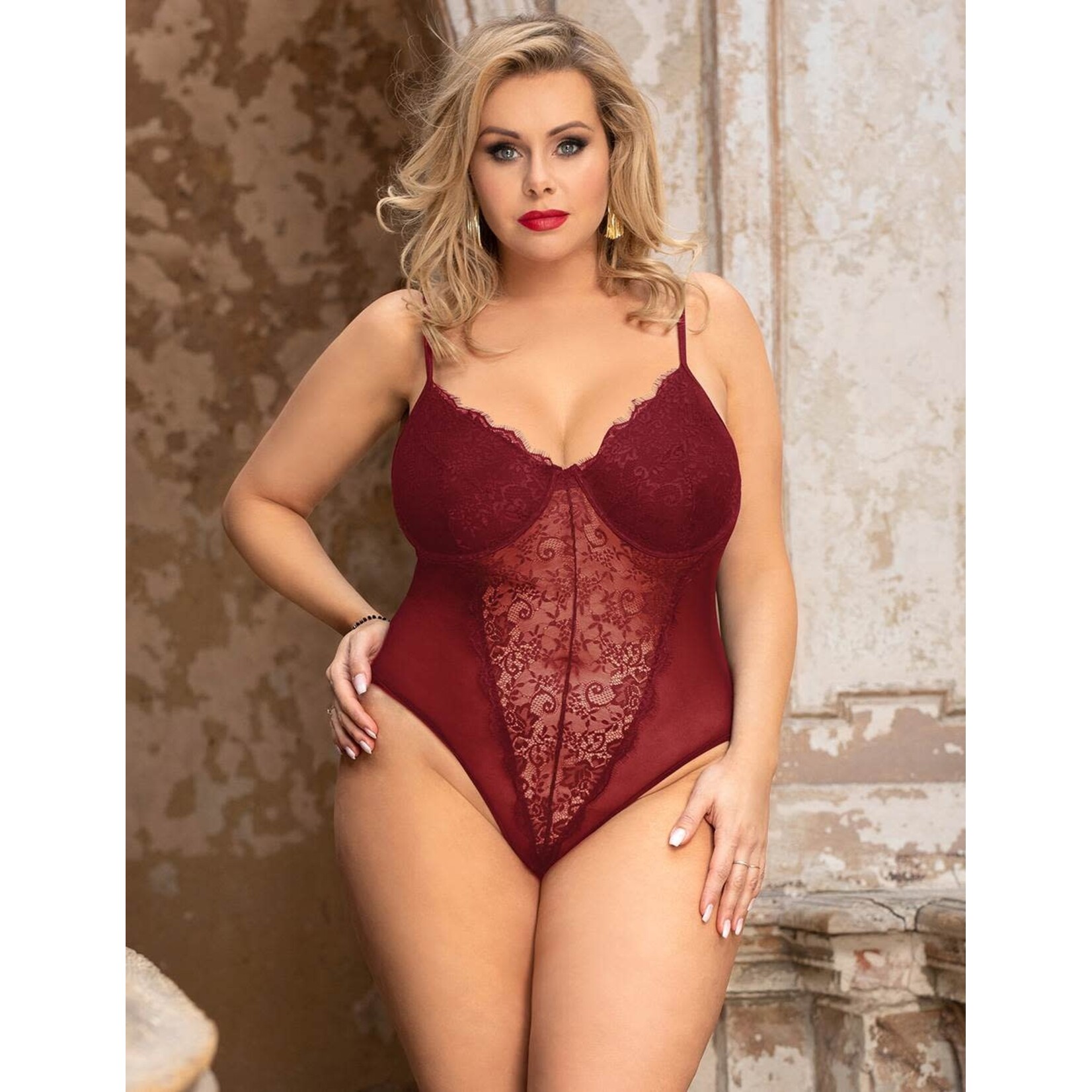 OH YEAH! OH YEAH! PLUS SIZE CROTCH OPEN RED HIGH QUALITY LACE SPLICING SEXY TEDDY WITH UNDERWIRE 3XL-4XL