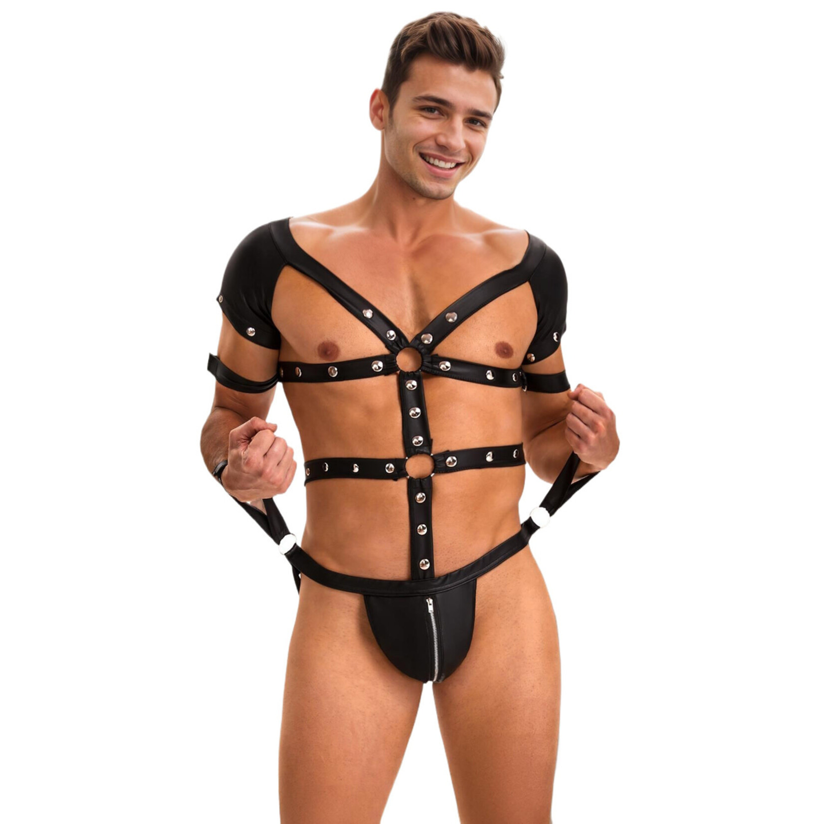 OH YEAH! OH YEAH! BLACK SEXY FAUX LEATHER HARNESS ZIPPER MEN BODYSUIT LINGERIE M BLACK