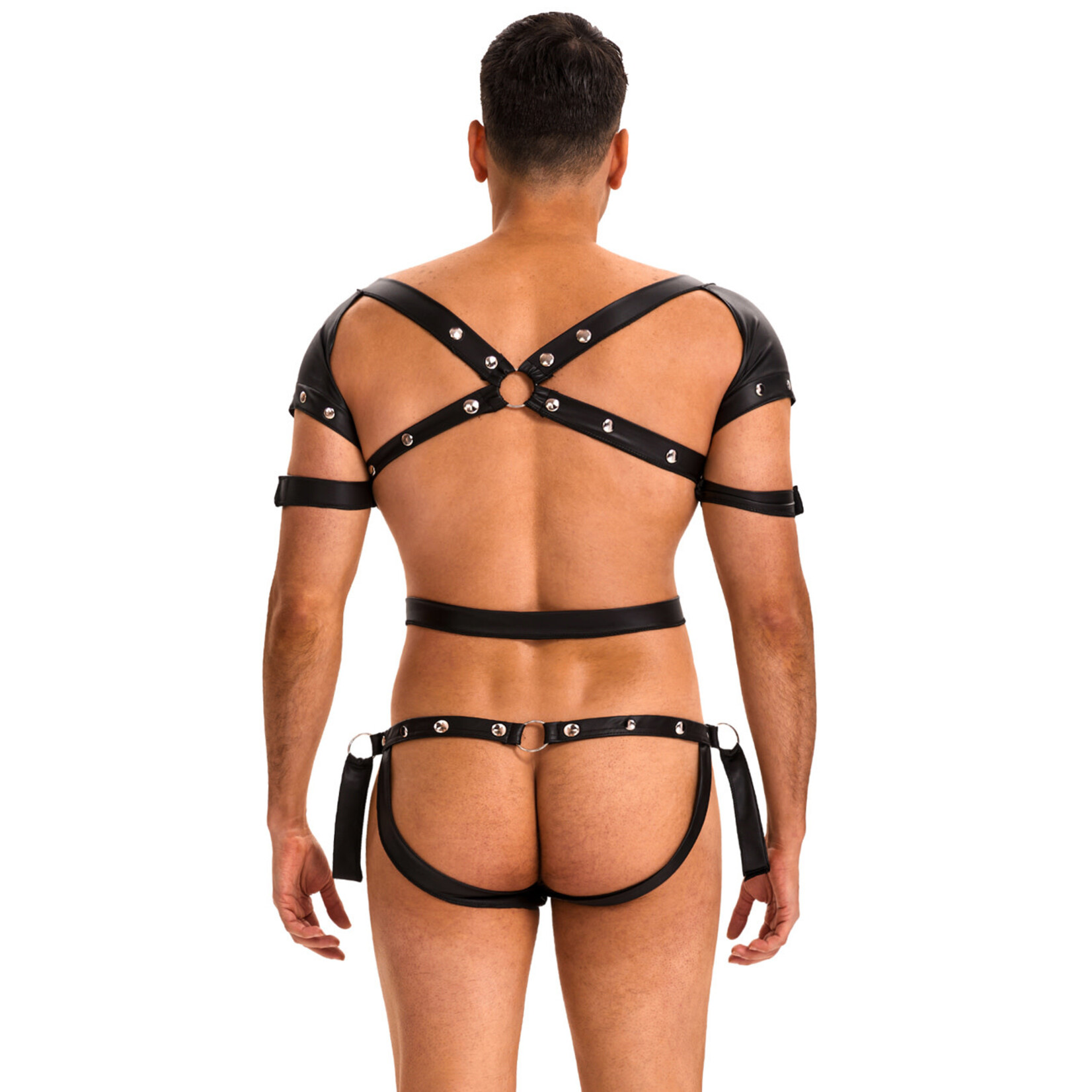 OH YEAH! OH YEAH! BLACK SEXY FAUX LEATHER HARNESS ZIPPER MEN BODYSUIT LINGERIE M BLACK