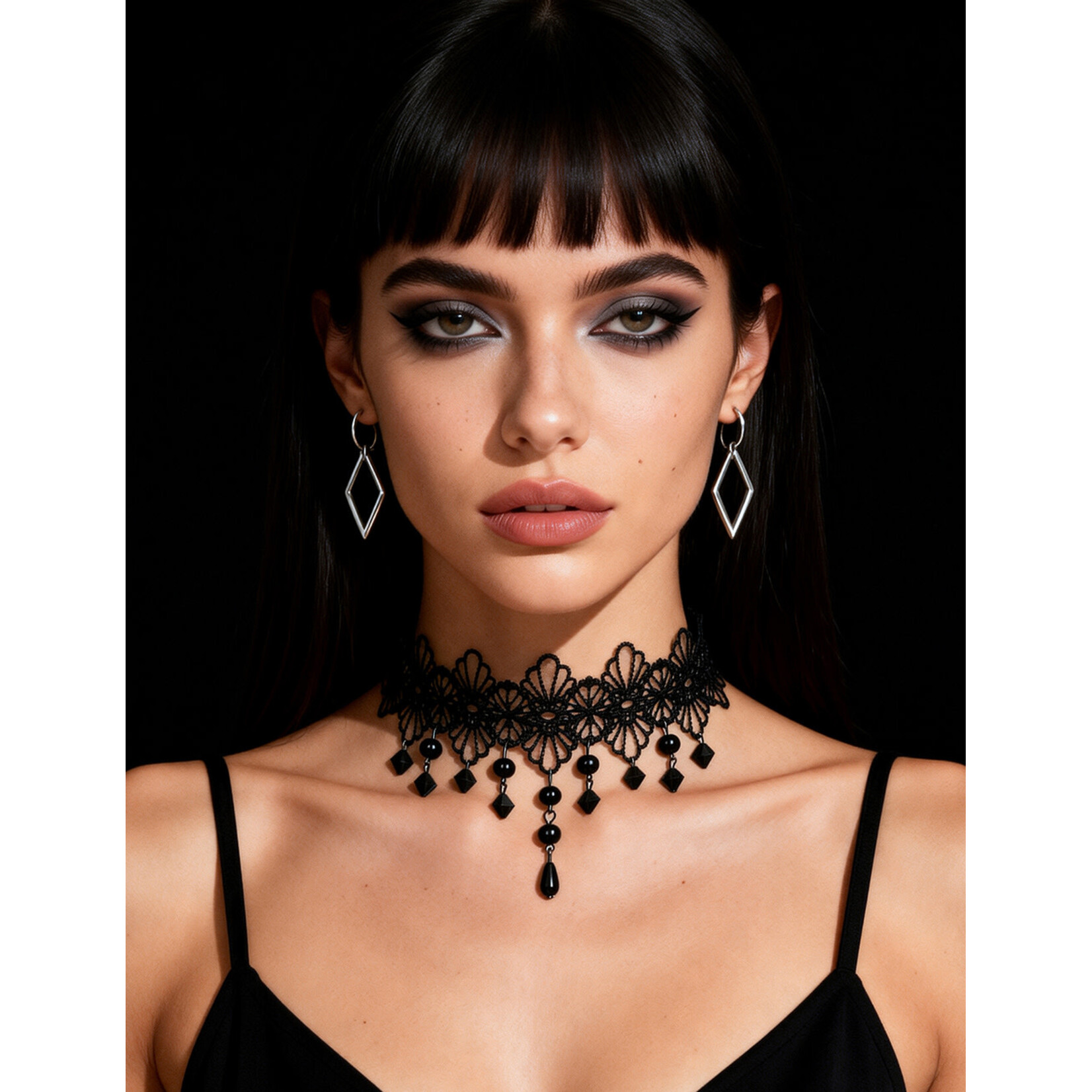 OH YEAH! OH YEAH! BLACK SEXY HOLLOW LACE FLORAL BEAD PENDANT NECKLACE ONE SIZE BLACK