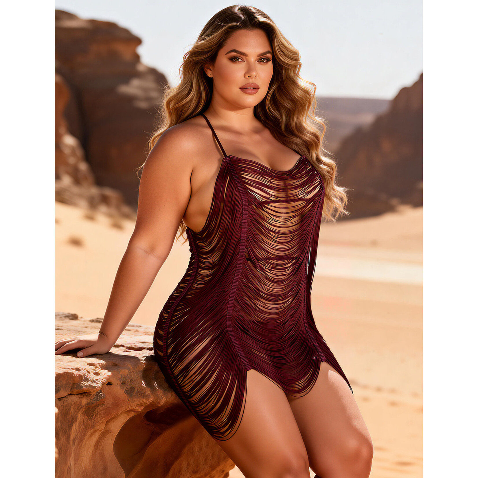 OH YEAH! OH YEAH! TASSEL HOLLOW SEXY BEACH BABYDOLL XL BURGUNDY