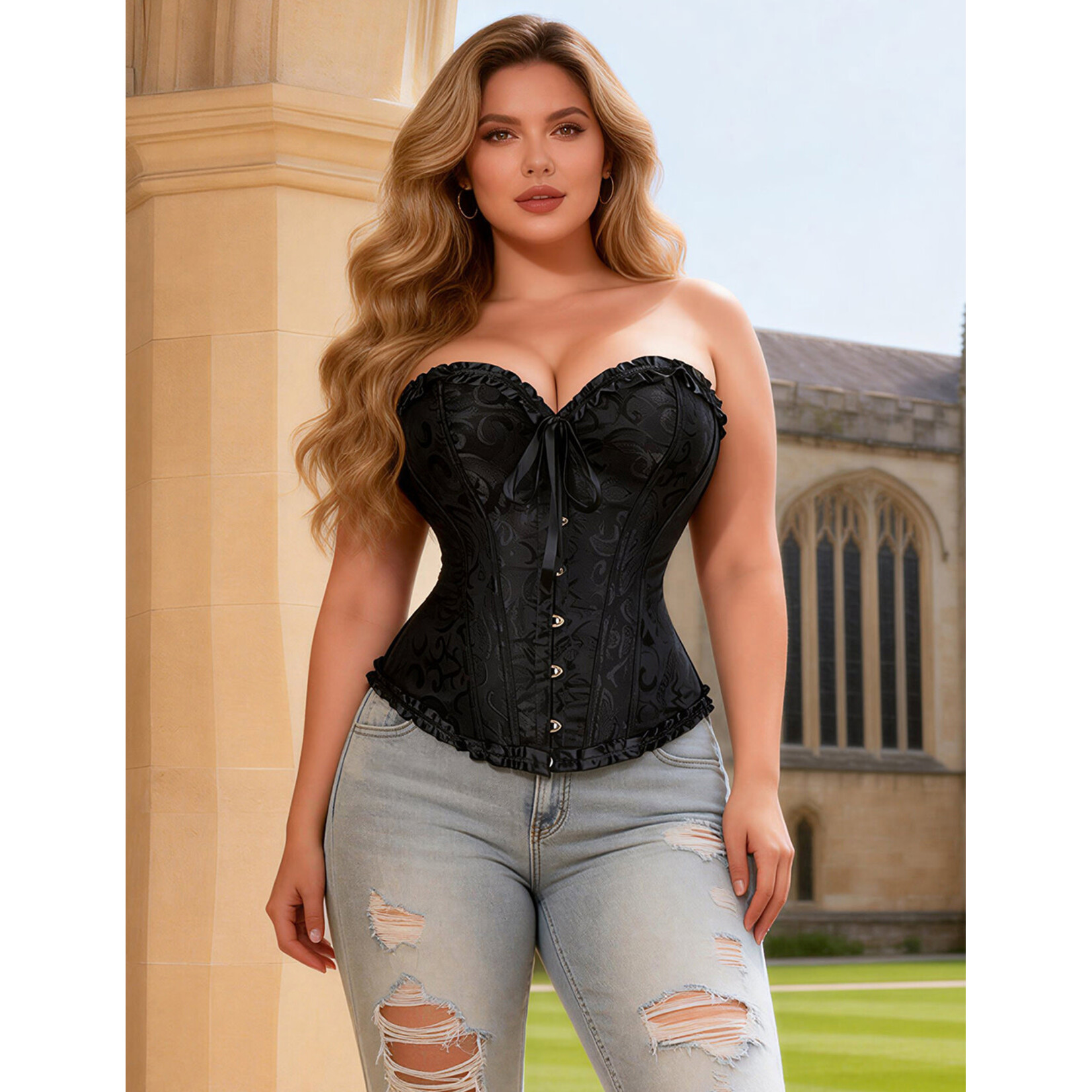 OH YEAH! OH YEAH!  12 PIECES PLASTIC BONES CORSETS BLACK SEXY JACQUARD PALACE STYLE CORSET XS AS SHOWN