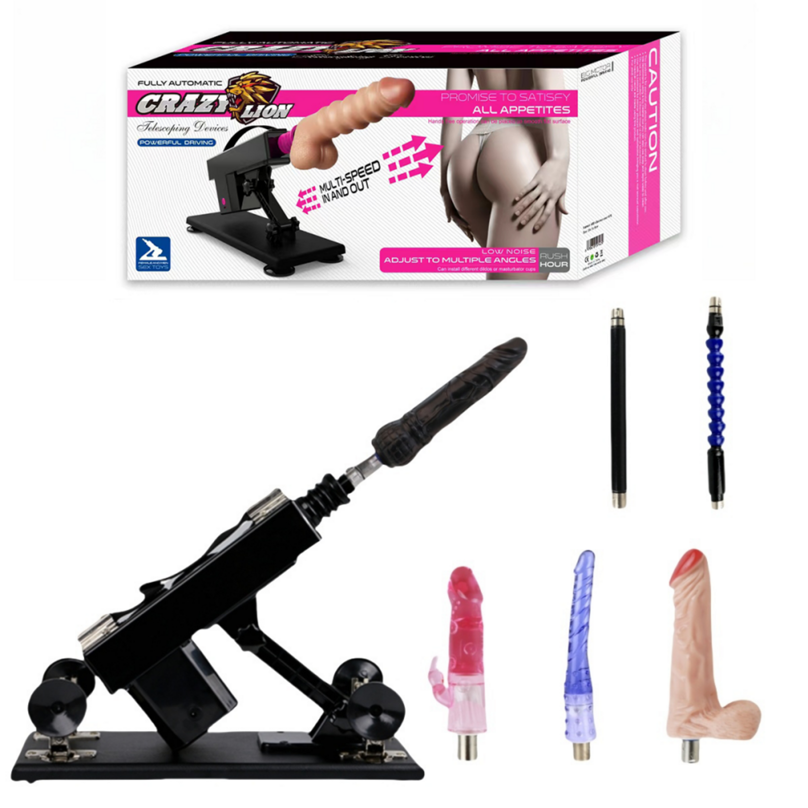 SINSATIONS BLACK ADJUSTABLE THRUSTING SEX MACHINE WITH 6 ATTACHMENTS & PLUG-IN POWER - 85DEGREE ANGLE ADJUSTMENT