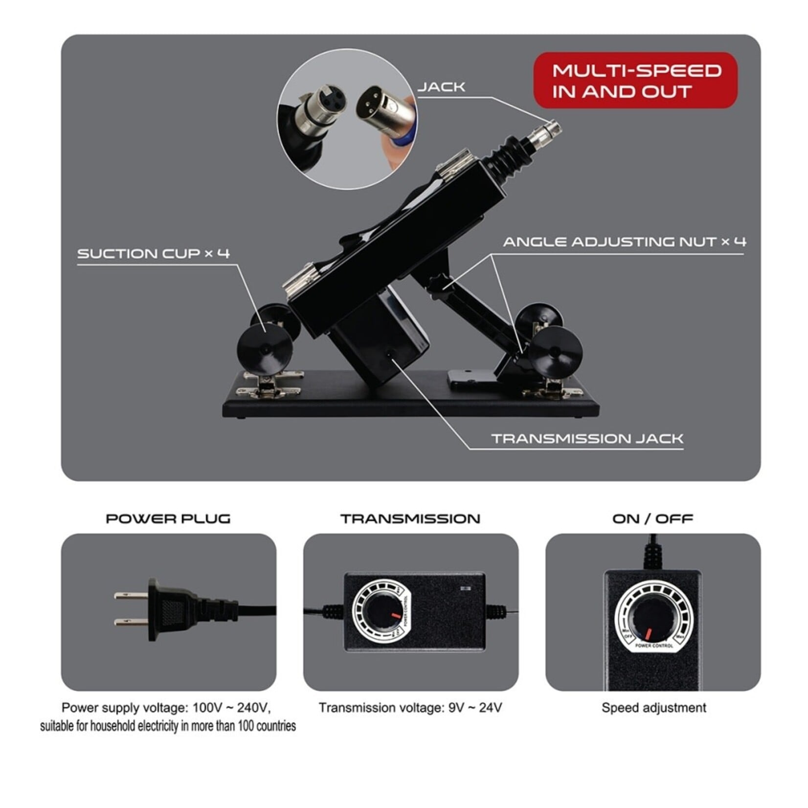 SINSATIONS BLACK ADJUSTABLE THRUSTING SEX MACHINE WITH 6 ATTACHMENTS & PLUG-IN POWER - 85DEGREE ANGLE ADJUSTMENT