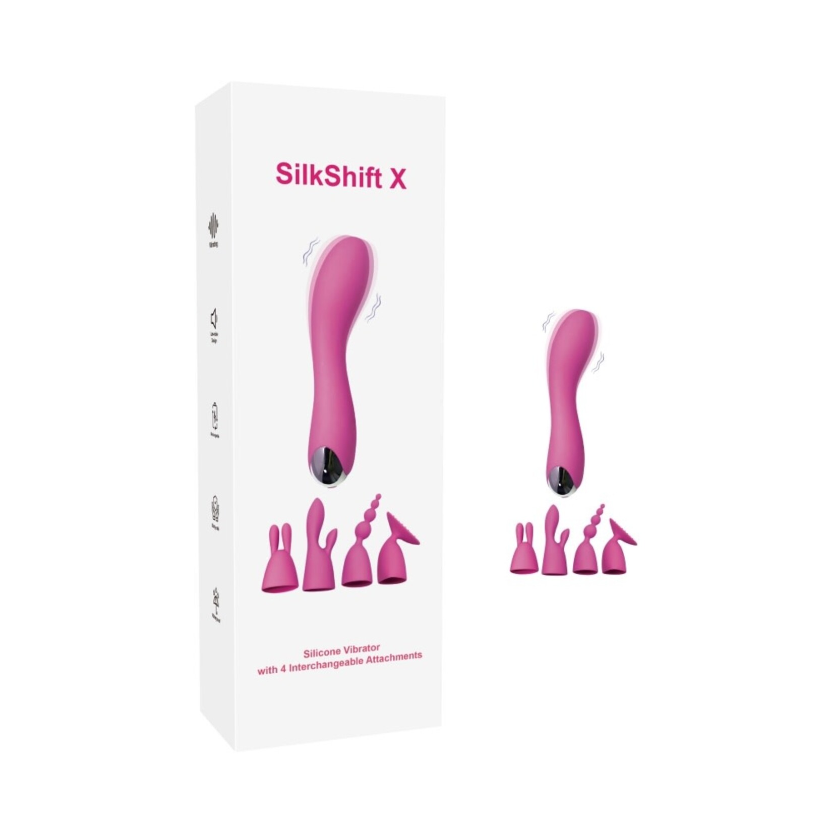 SINSATIONS 7.09" MAGENTA RECHARGEABLE SILICONE VIBRATOR WITH 4 INTERCHANGEABLE ATTACHMENTS - 20 VIBRATING MODES