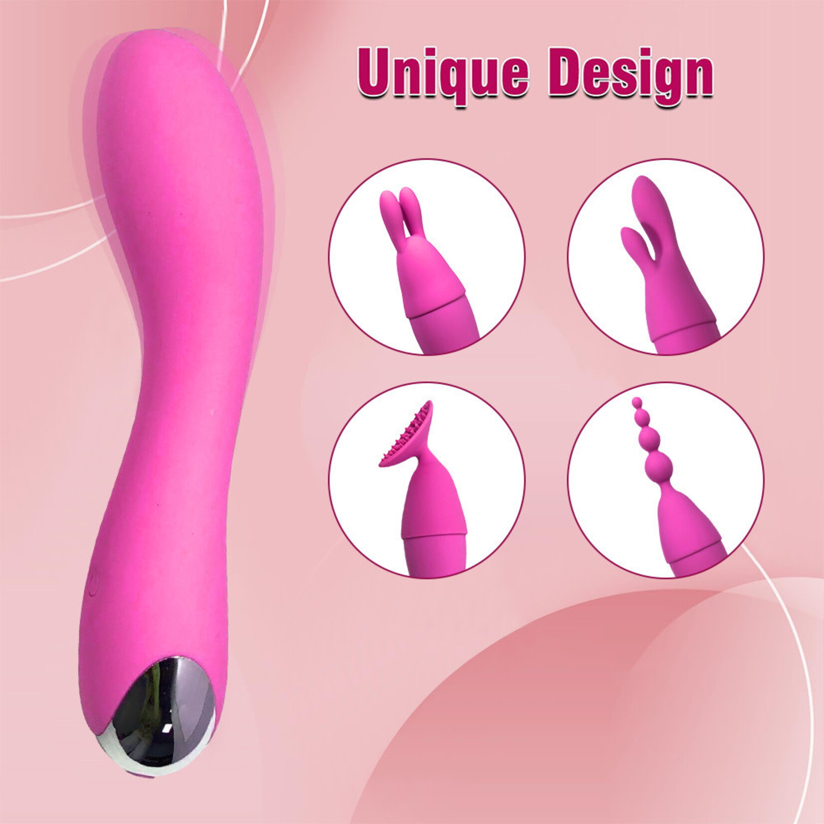SINSATIONS 7.09" MAGENTA RECHARGEABLE SILICONE VIBRATOR WITH 4 INTERCHANGEABLE ATTACHMENTS - 20 VIBRATING MODES
