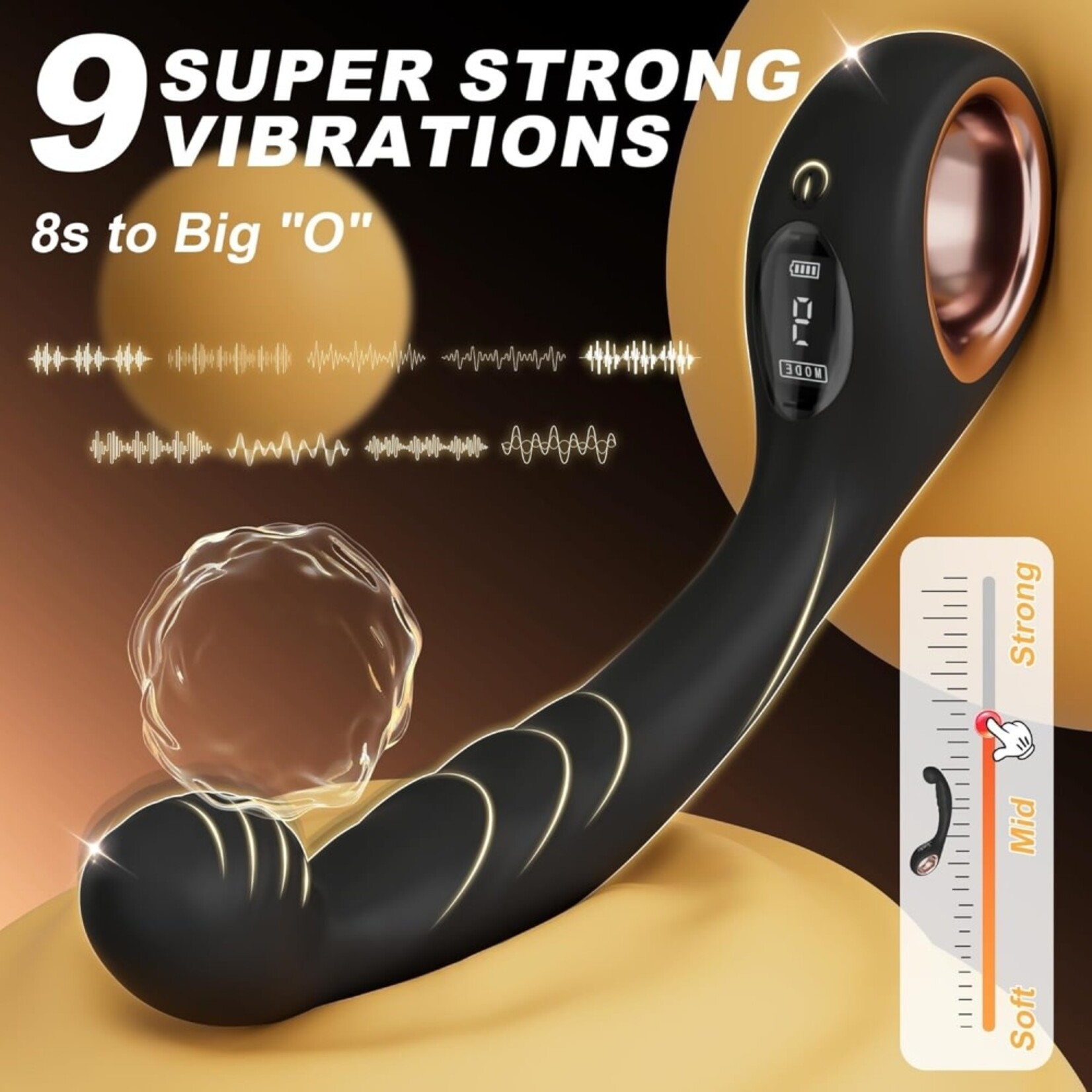 SINSATIONS 8.08" BLACK RECHARGEABLE SILICONE G-SPOT VIBRATOR - 9 VIBRATING MODES CURVED PRESSURE-TIP DESIGN