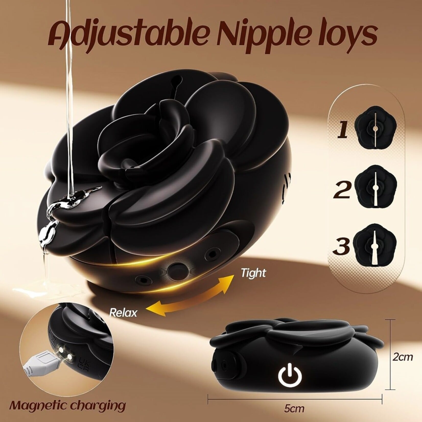 SINSATIONS 10-MODE BLACK COLOR ROSE-SHAPED RECHARGEABLE VIBRATING NIPPLE CLAMPS (PAIR)