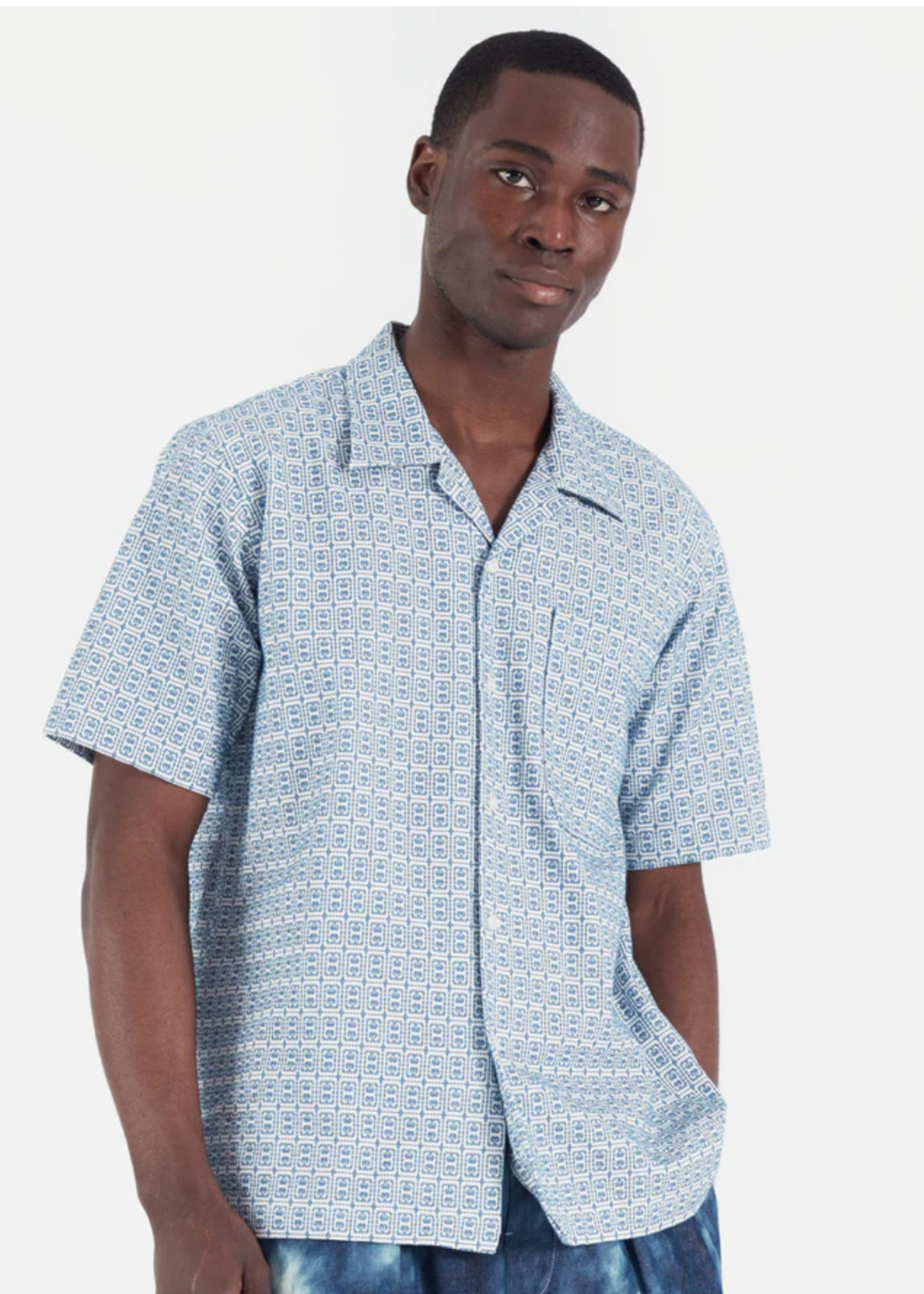 Universal Works Universal Works Camp Shirt White Blue Porto Cotton