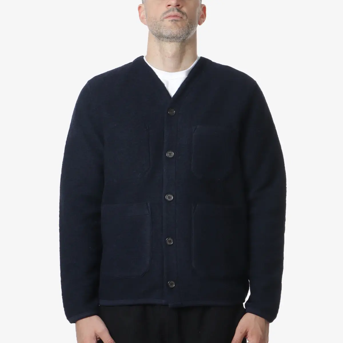 Universal Works Cardigan Wool Fleece Navy (31405) - Drinkwater's