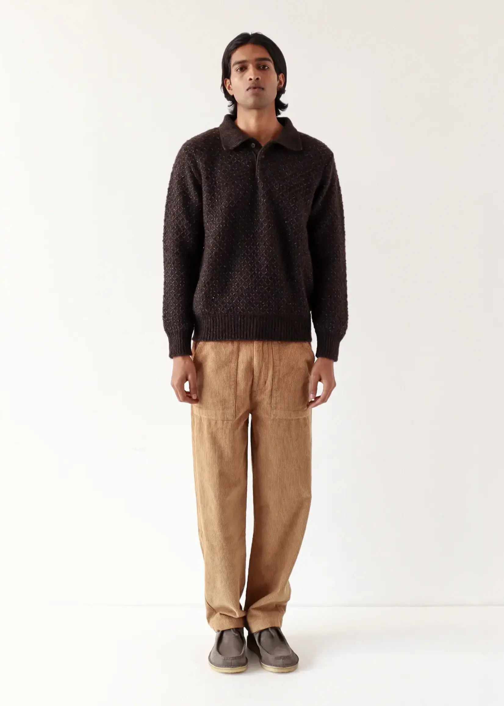 Far Afield Far Afield Kier Knit Diamond Weave Polo Slate Brown/Blue  Wool Blend