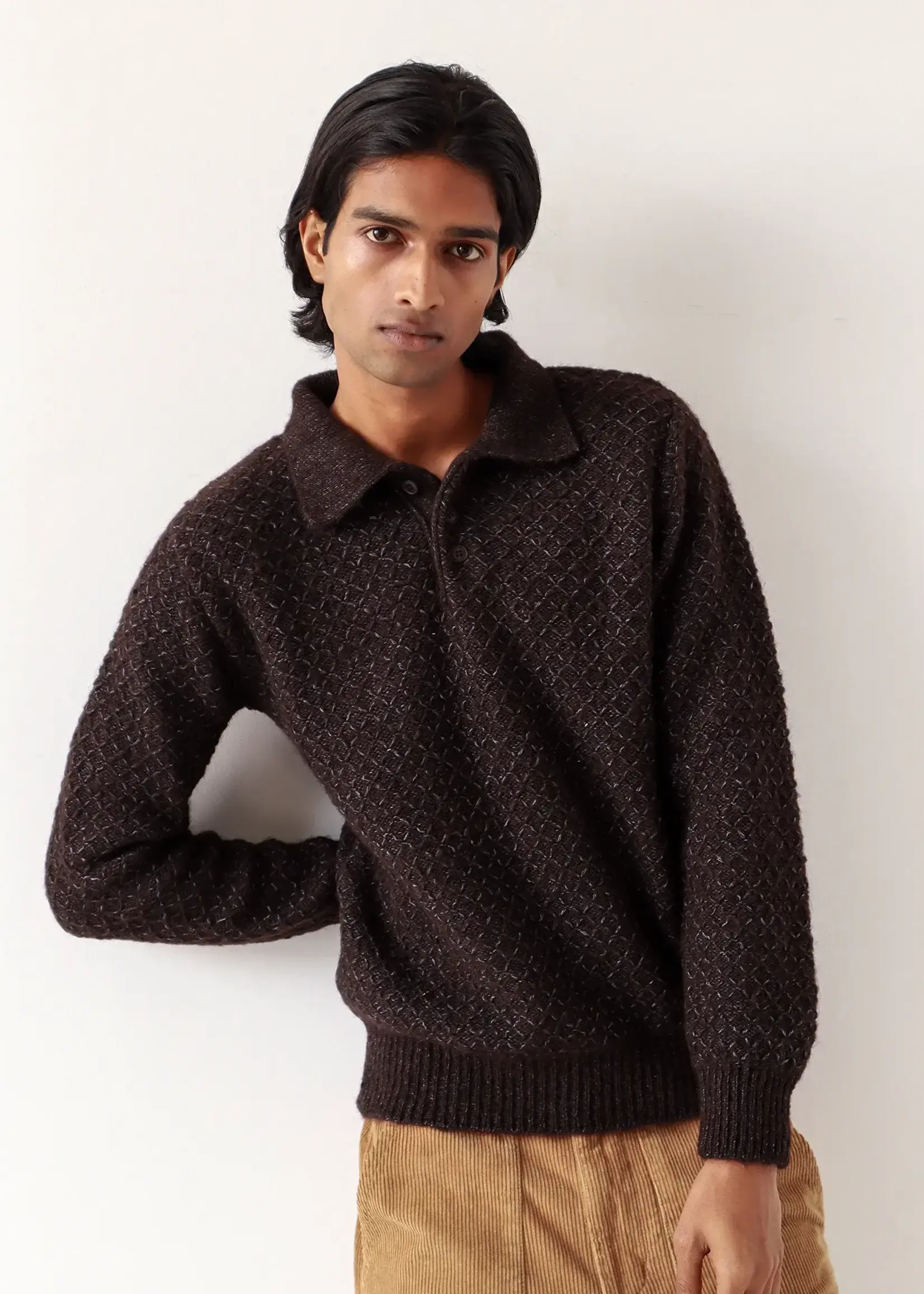 Far Afield Far Afield Kier Knit Diamond Weave Polo Slate Brown/Blue  Wool Blend
