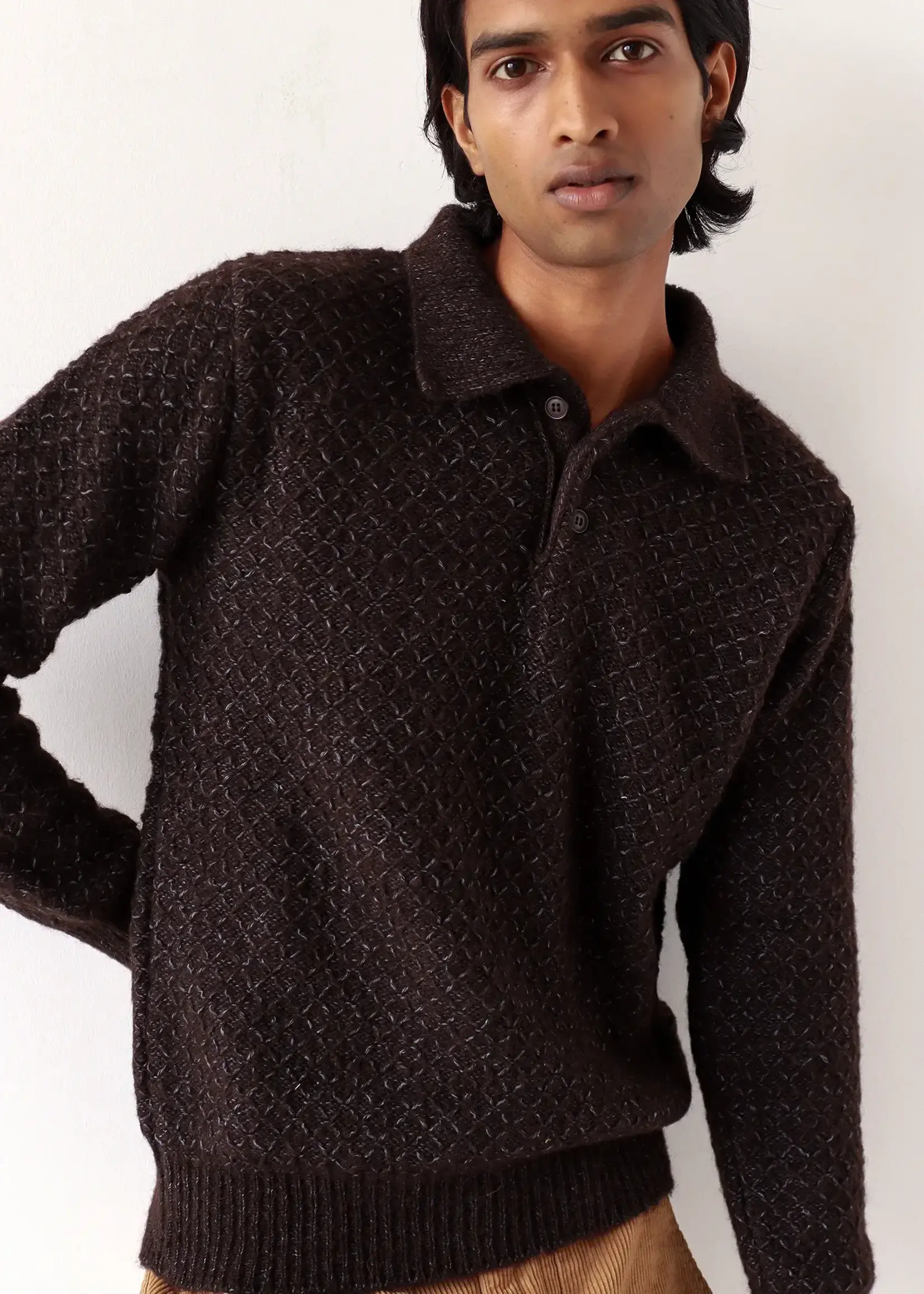 Far Afield Far Afield Kier Knit Diamond Weave Polo Slate Brown/Blue  Wool Blend