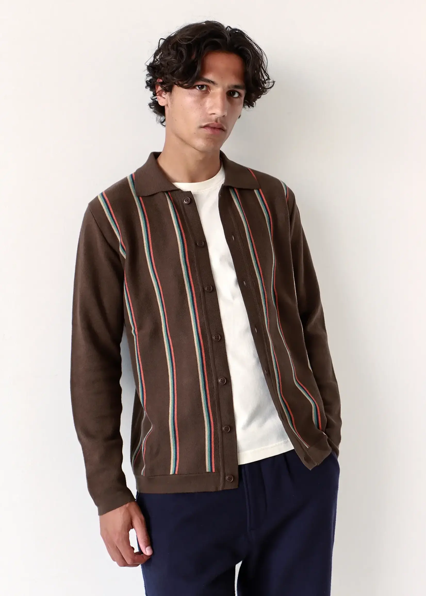 Far Afield Far Afield Zigger Cardigan Kuki Stripe/Slate Brown Cotton