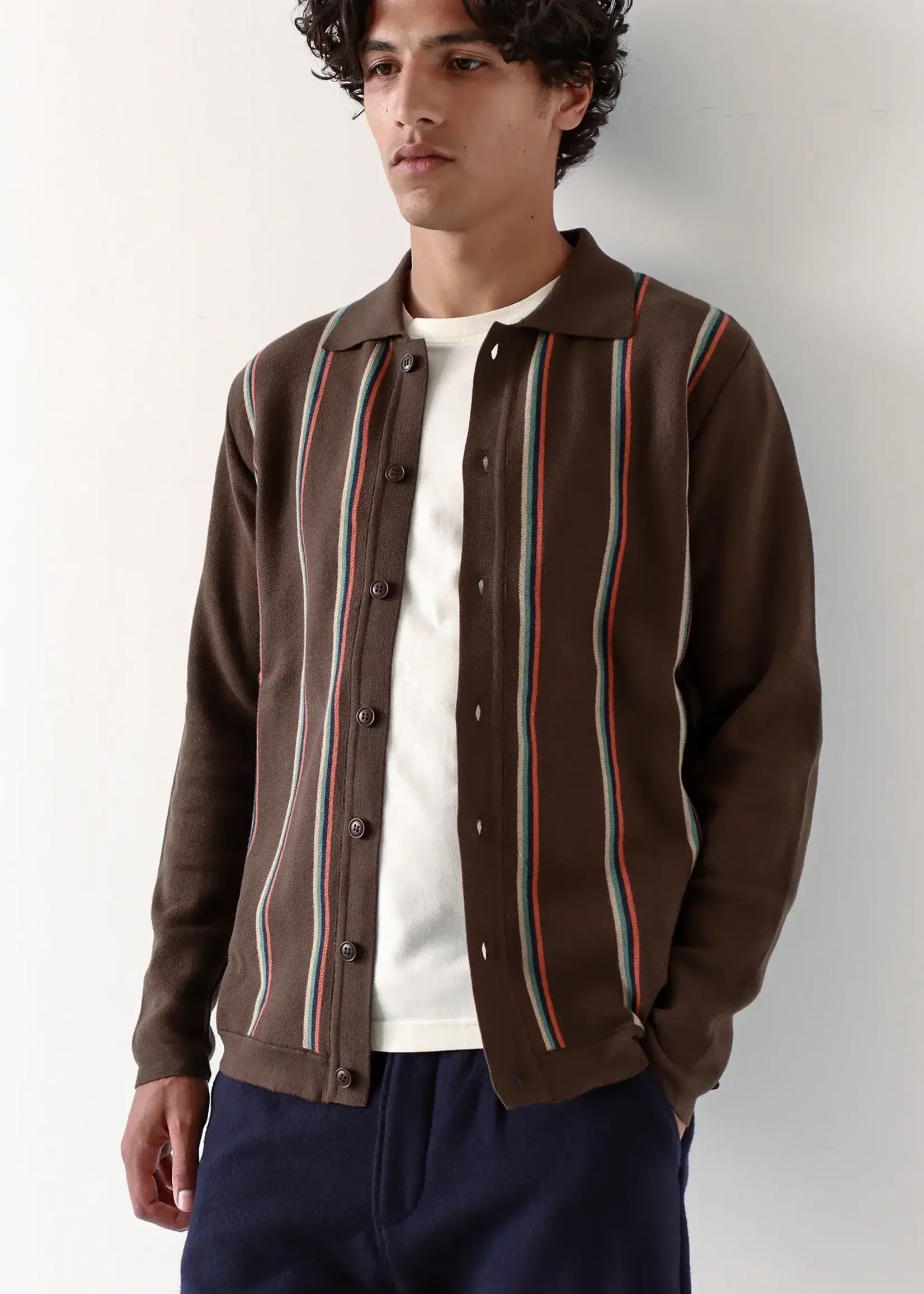 Far Afield Far Afield Zigger Cardigan Kuki Stripe/Slate Brown Cotton