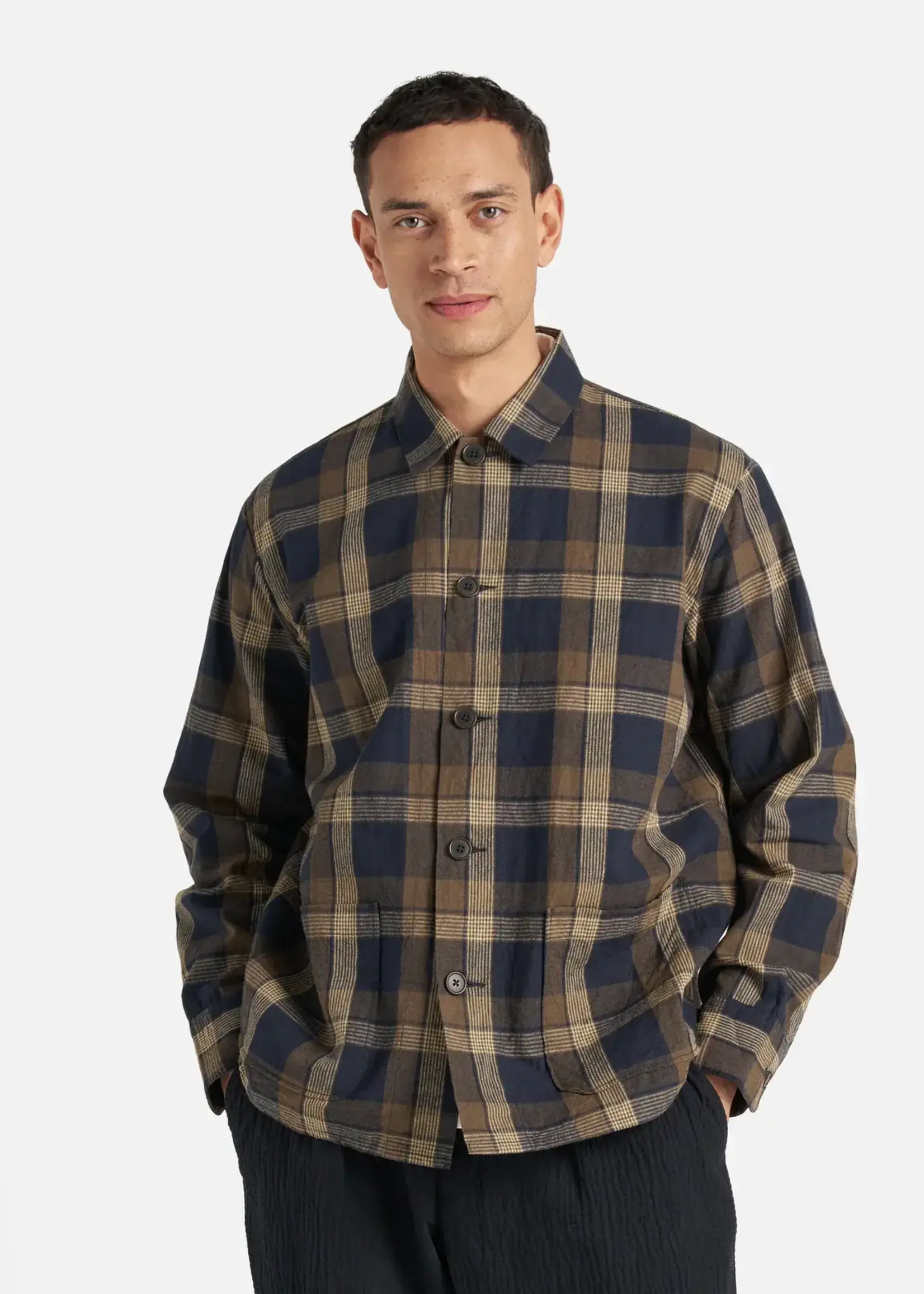 Universal Works Universal Works Lincot Big Check Travail Overshirt Navy / Brown Cotton / Linen