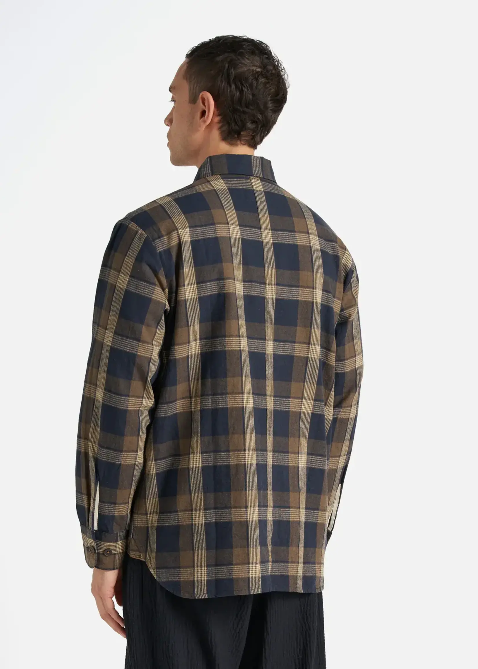 Universal Works Universal Works Lincot Big Check Travail Overshirt Navy / Brown Cotton / Linen