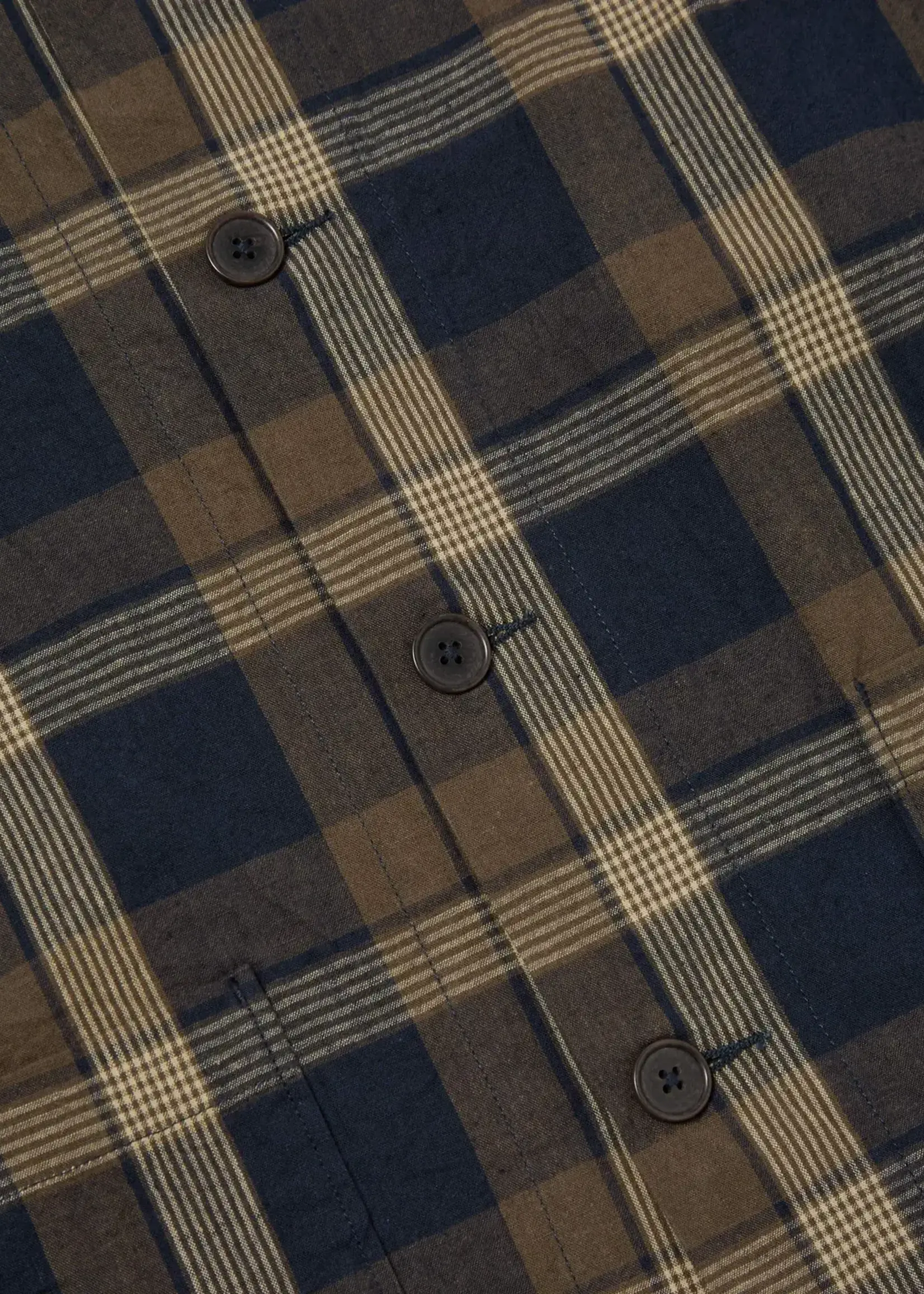 Universal Works Universal Works Lincot Big Check Travail Overshirt Navy / Brown Cotton / Linen