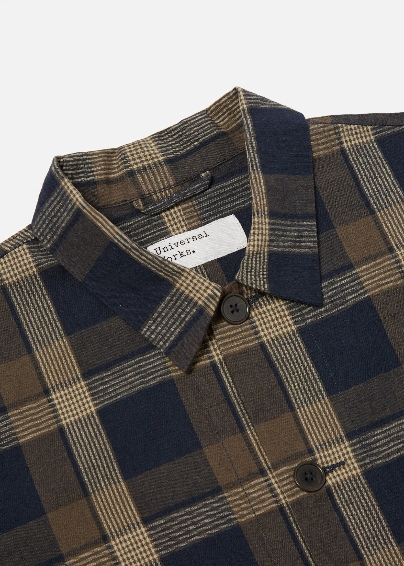 Universal Works Universal Works Lincot Big Check Travail Overshirt Navy / Brown Cotton / Linen