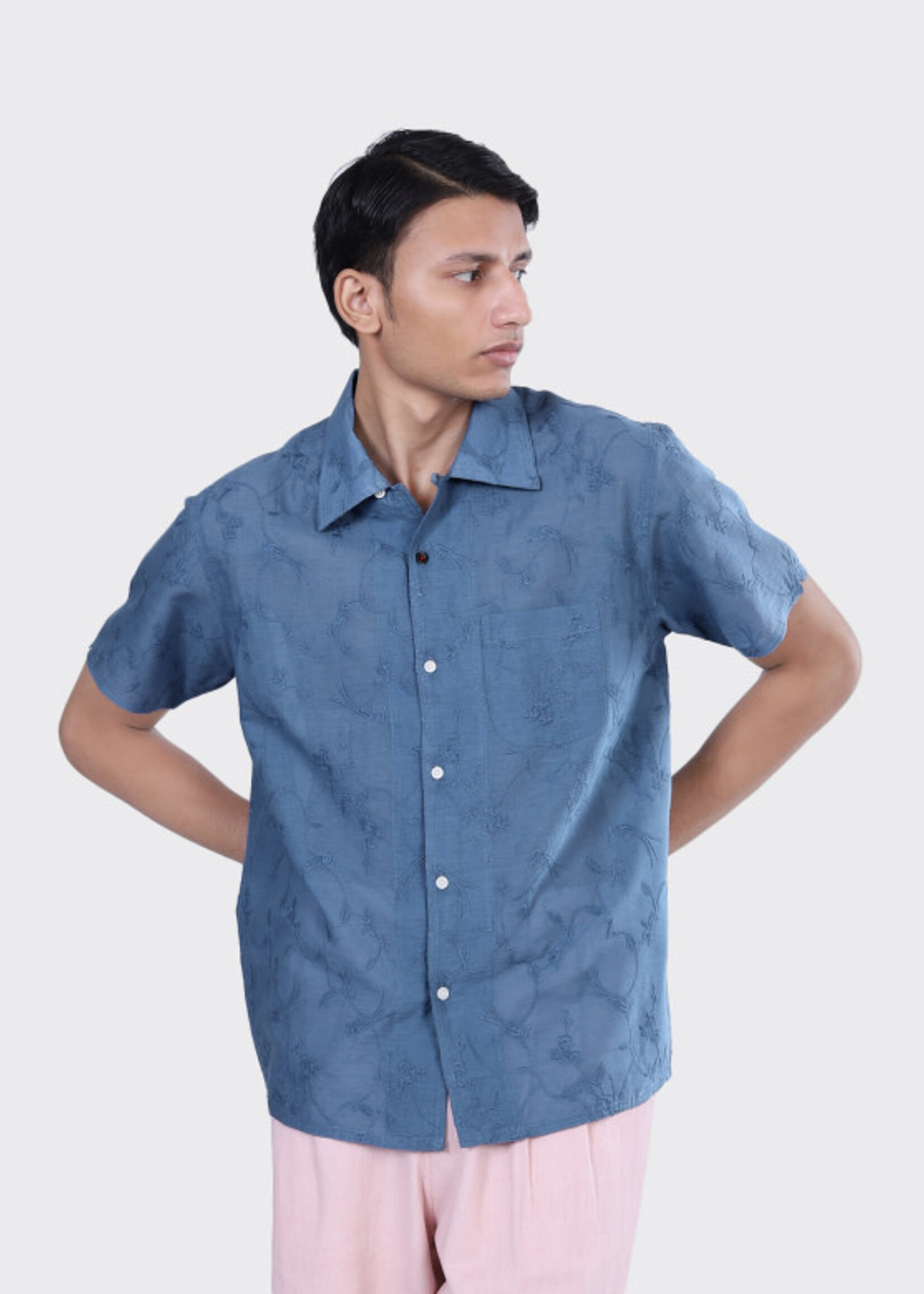Kardo Kardo Chintan Schiffli Blue Short Sleeve Shirt Cotton
