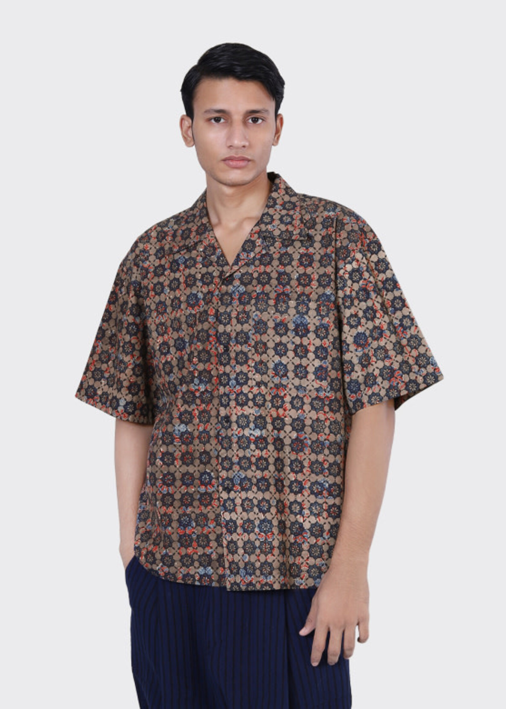 Kardo Kardo Rohit Ajrakh Navy / Tan Block Print Shirt