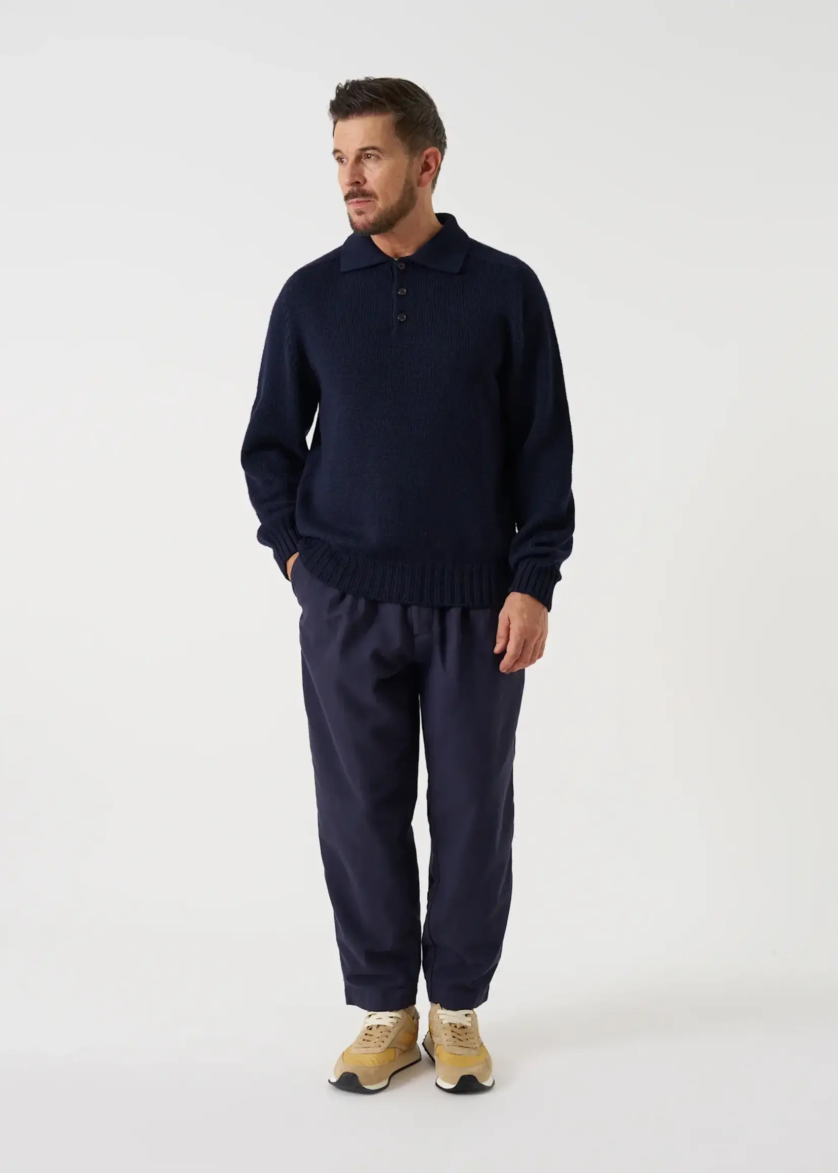 Universal Works Universal Works Curtis Wild Navy Wool Shetland Polo Sweater