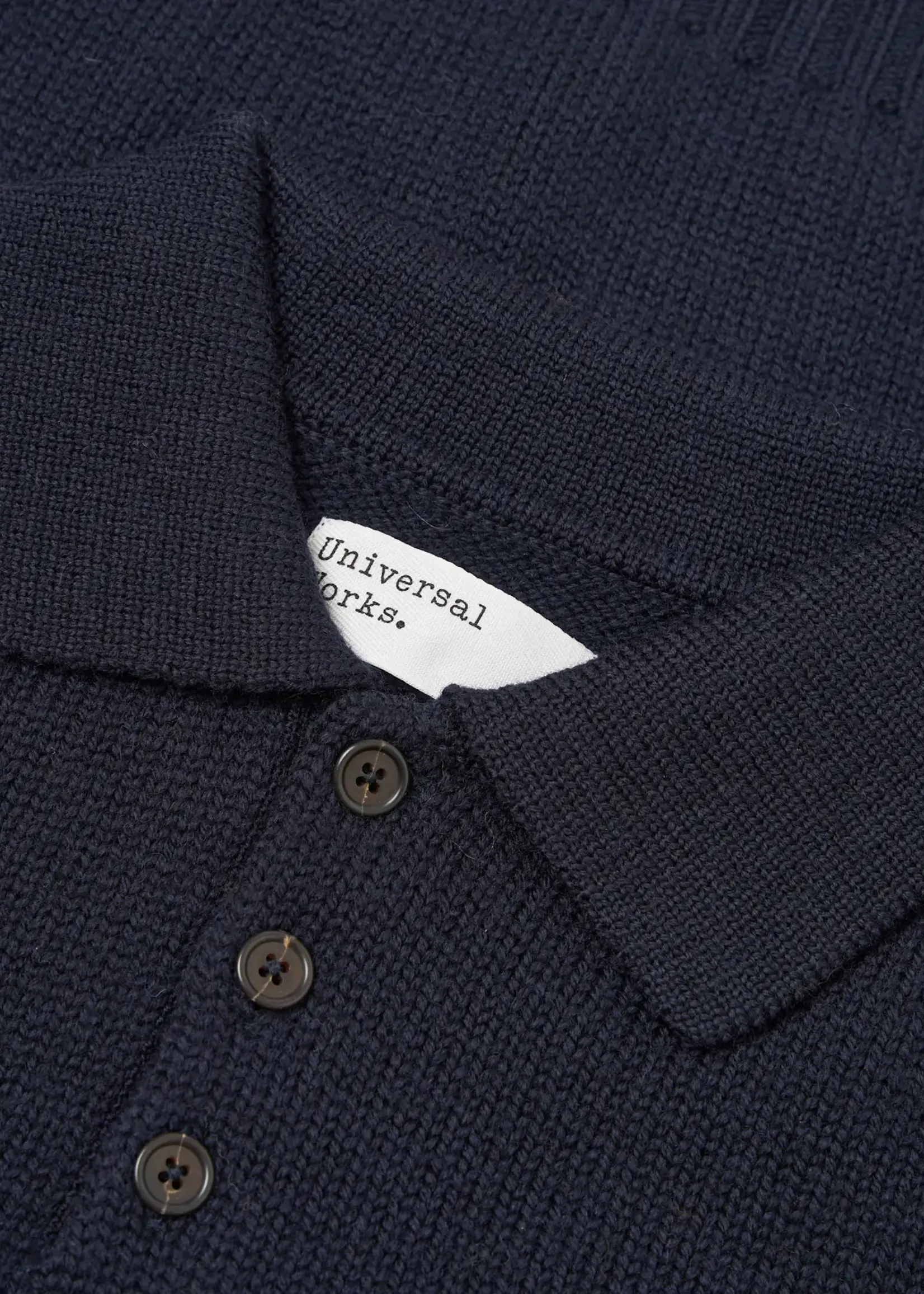Universal Works Universal Works Curtis Wild Navy Wool Shetland Polo Sweater