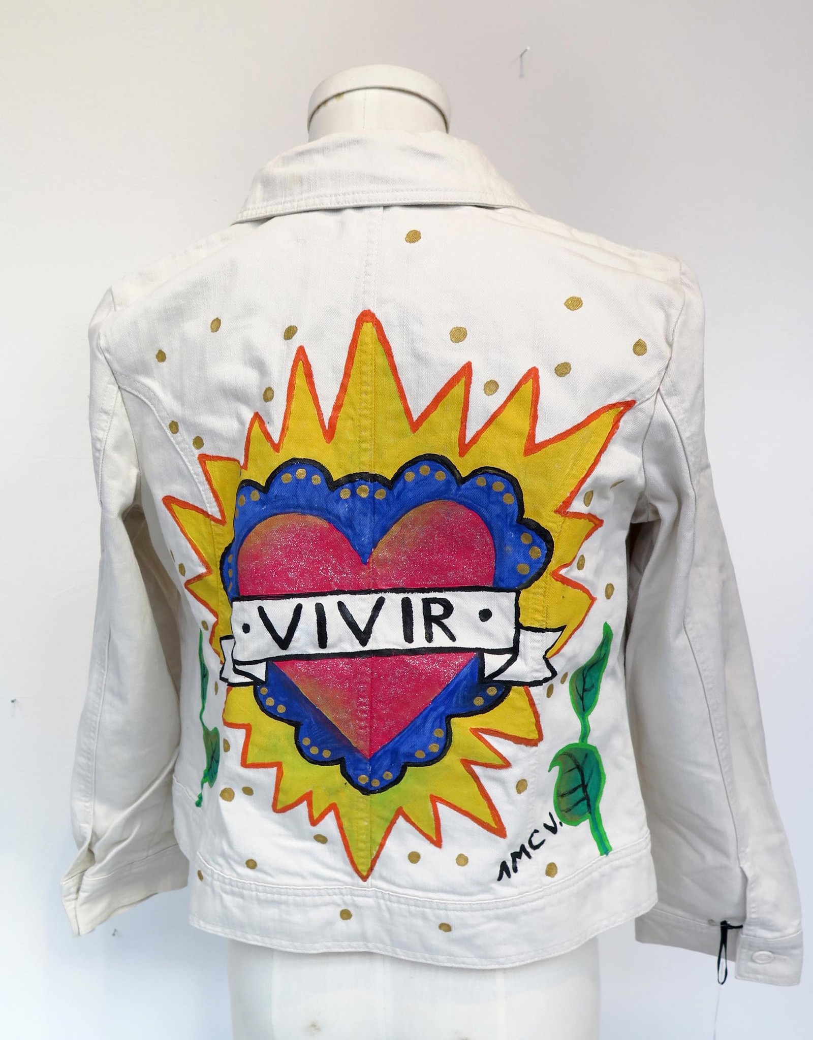 AMCV "VIVIR" textile paint on denim jacket by AMCV