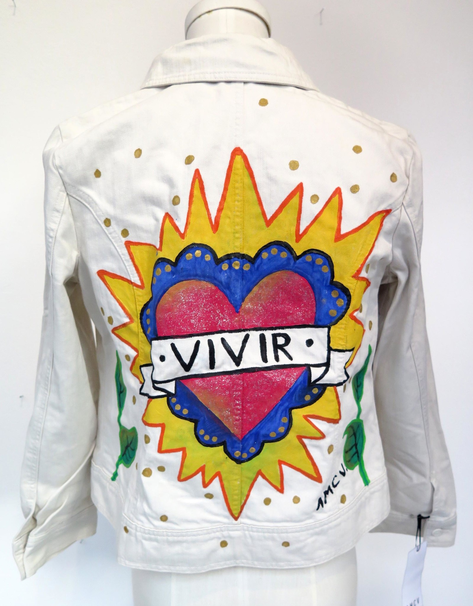 AMCV "VIVIR" textile paint on denim jacket by AMCV