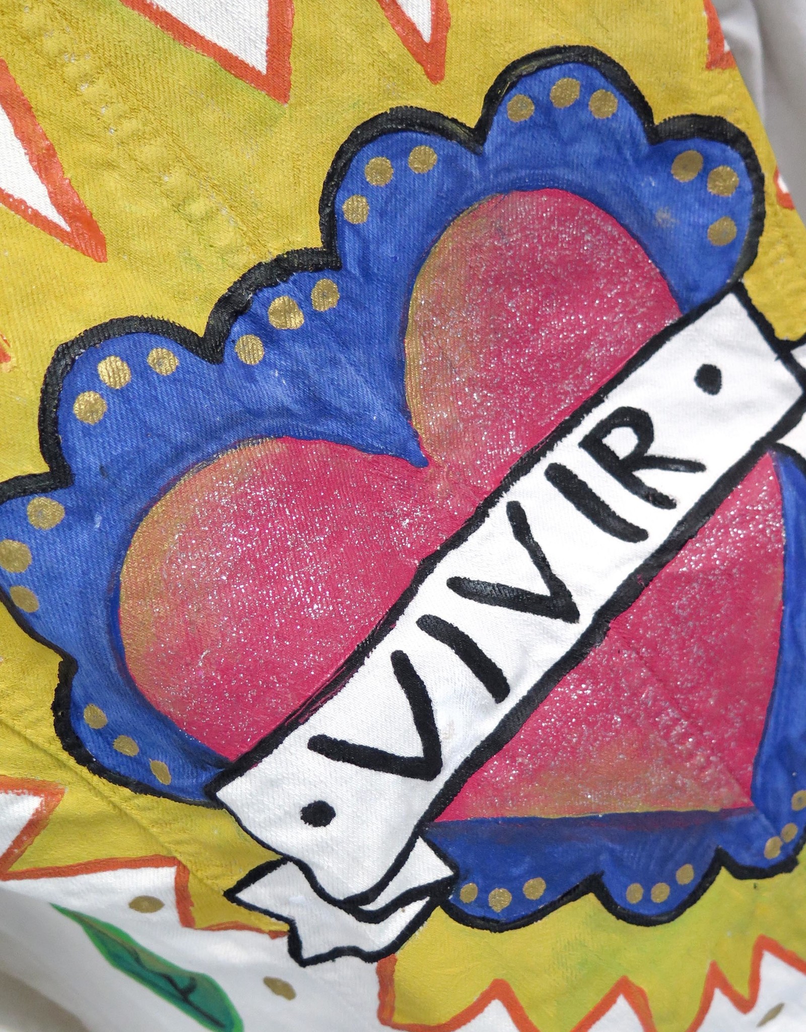 AMCV "VIVIR" textile paint on denim jacket by AMCV