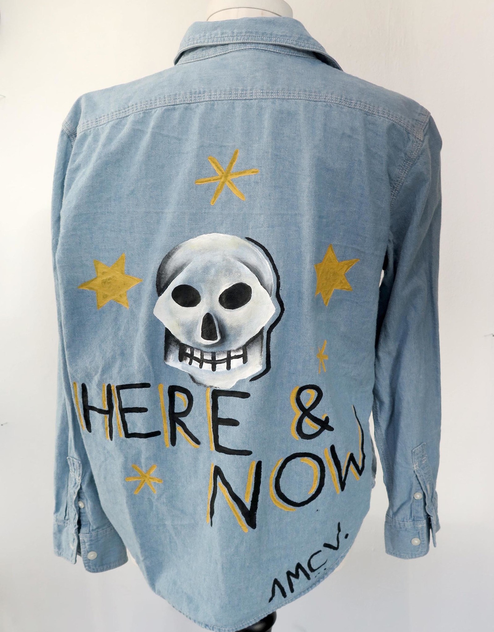 AMCV “Here & Now” textile paint on denim shirt by AMCV