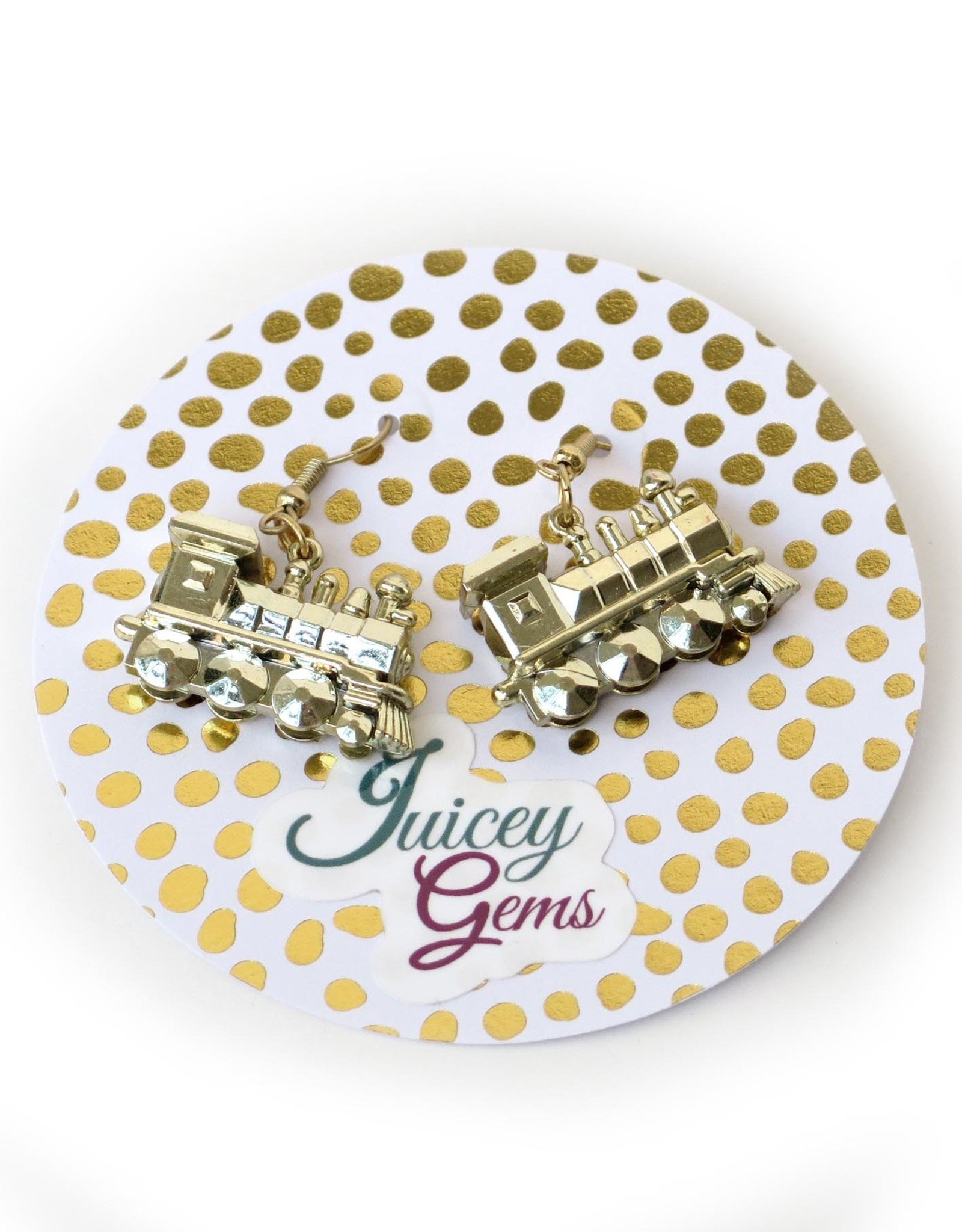 Juicey Gems Gold Train Holiday Earrings by Juicey Gems