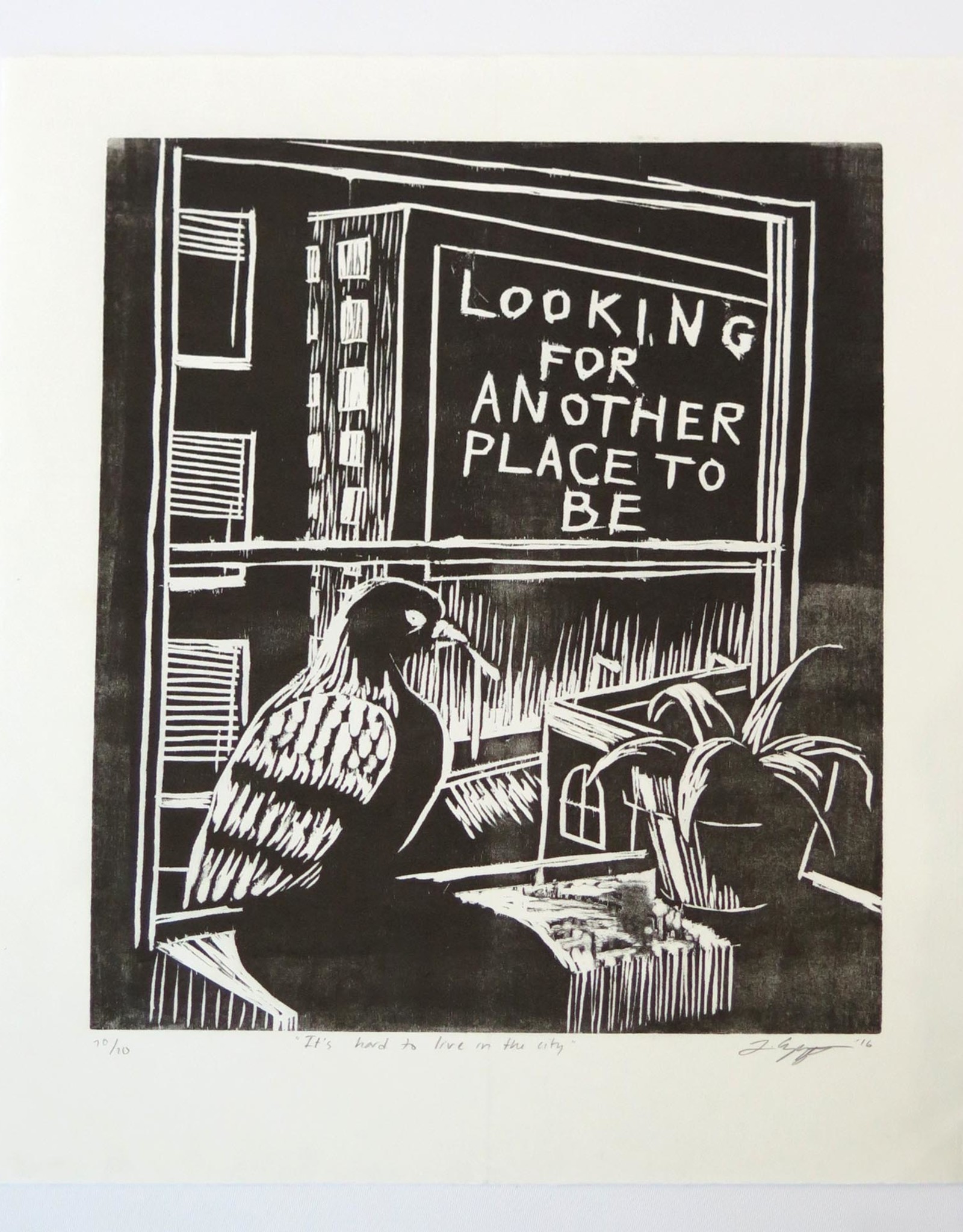 “It’s Hard to Live in the City” woodblock, Lily Cozzens