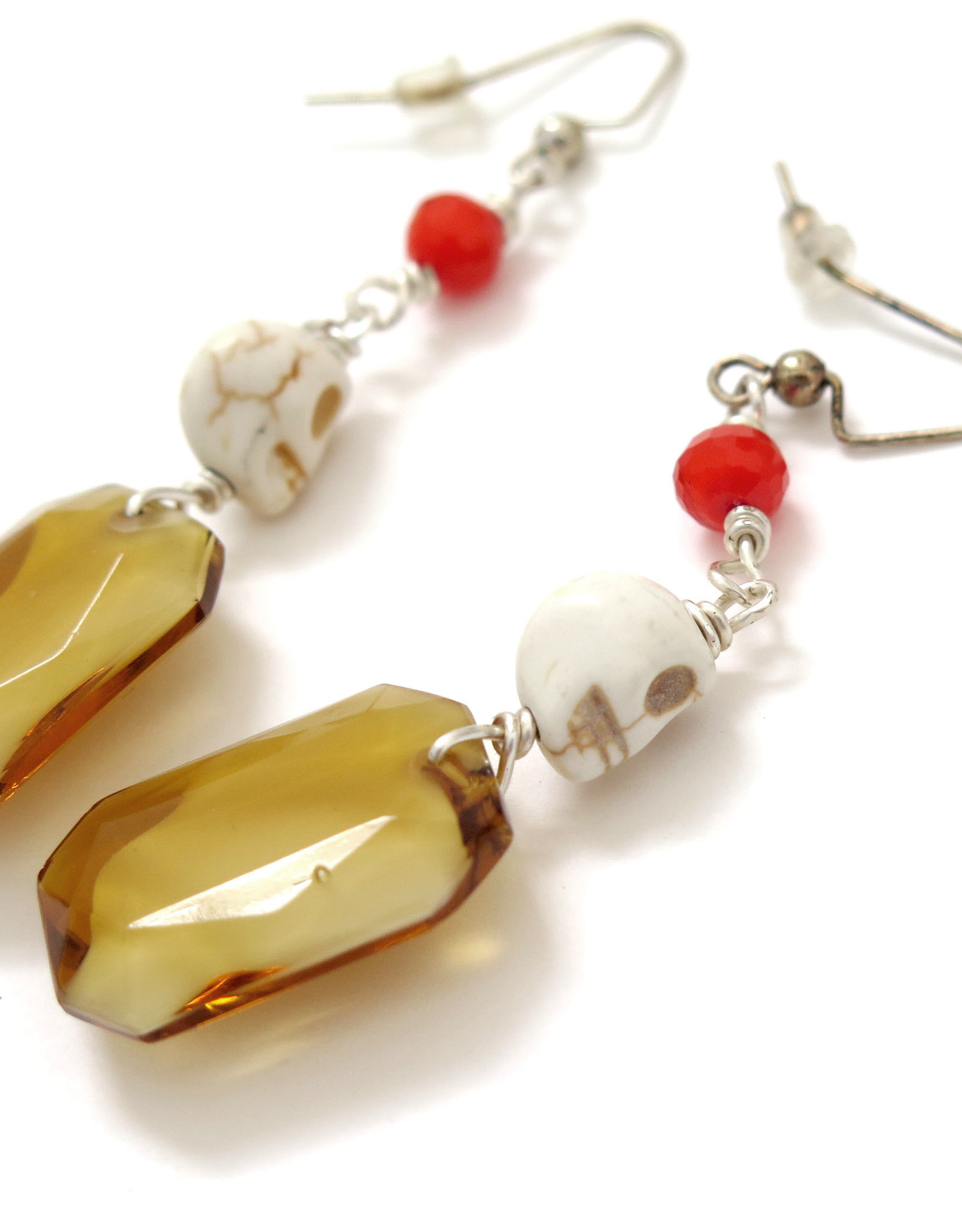 Skull Earrings with Large Amber Jewel by Dana Diederich