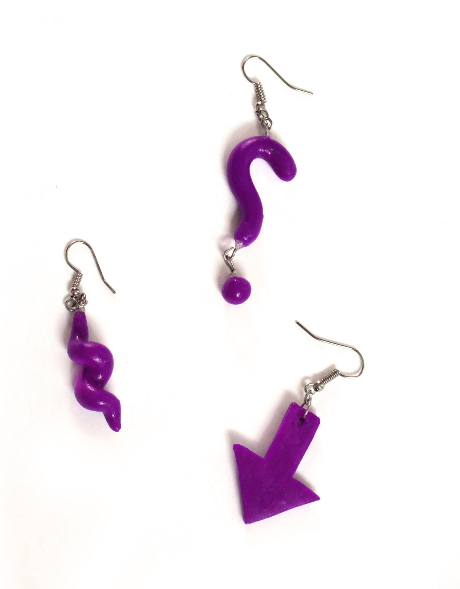 Purple Set of 3 Single Earrings:  “?”  “Arrow”  “Spiral” by GERM Jewelry