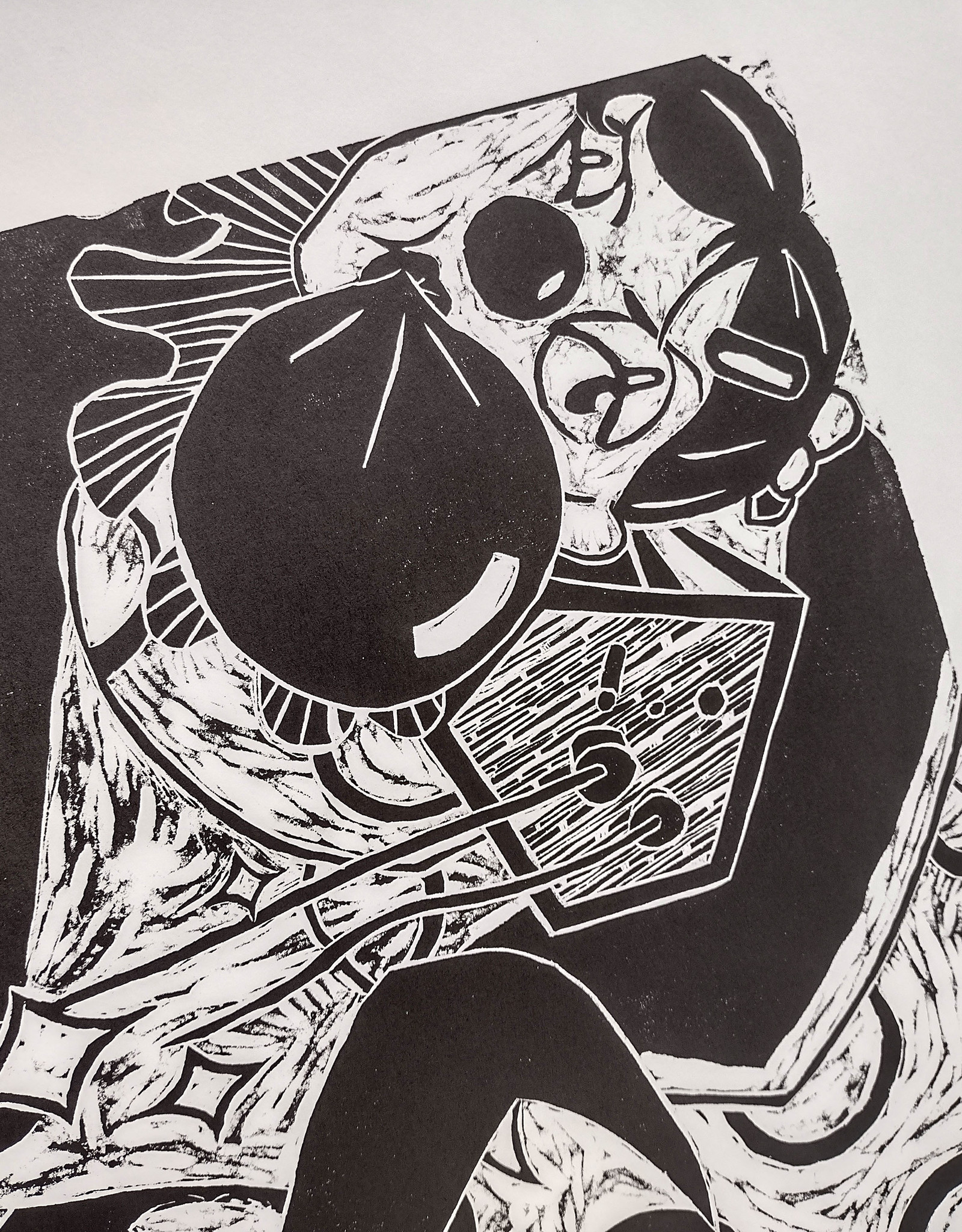 "In a Box" woodcut by wowitsarcher