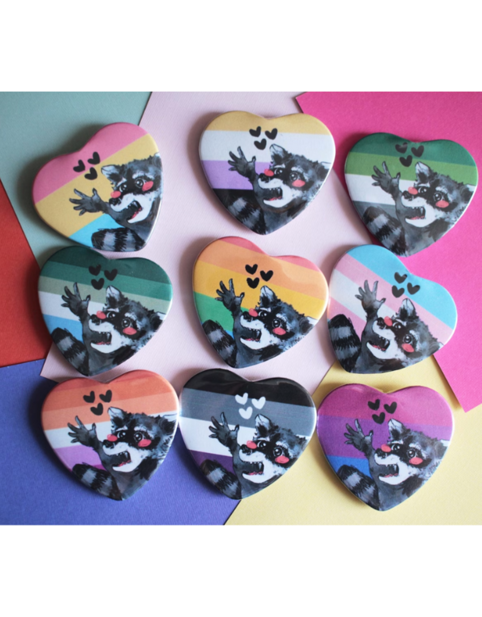 Pride Raccoon Heart Button! by KDominiqueArt