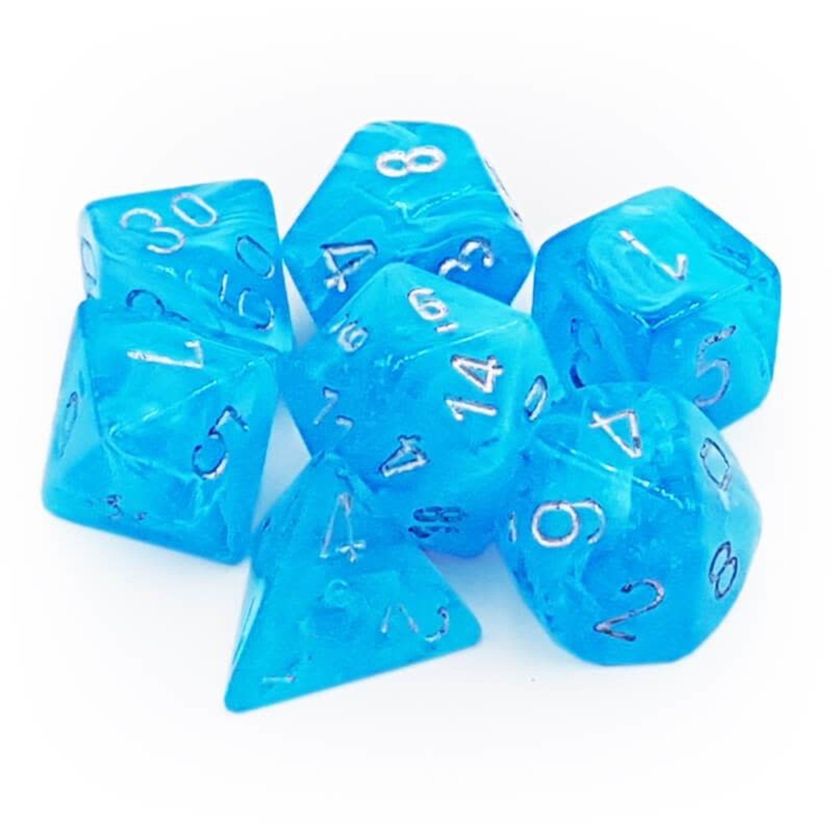 Chessex 7-Piece Dice Set: Luminary Sky Blue with Silver Numbers (Glows in Dark)