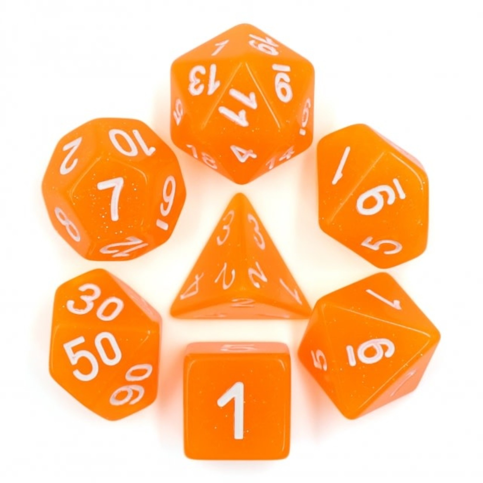 HD Dice 7-Set Translucent Orange Glitter with White Numbers (HD)