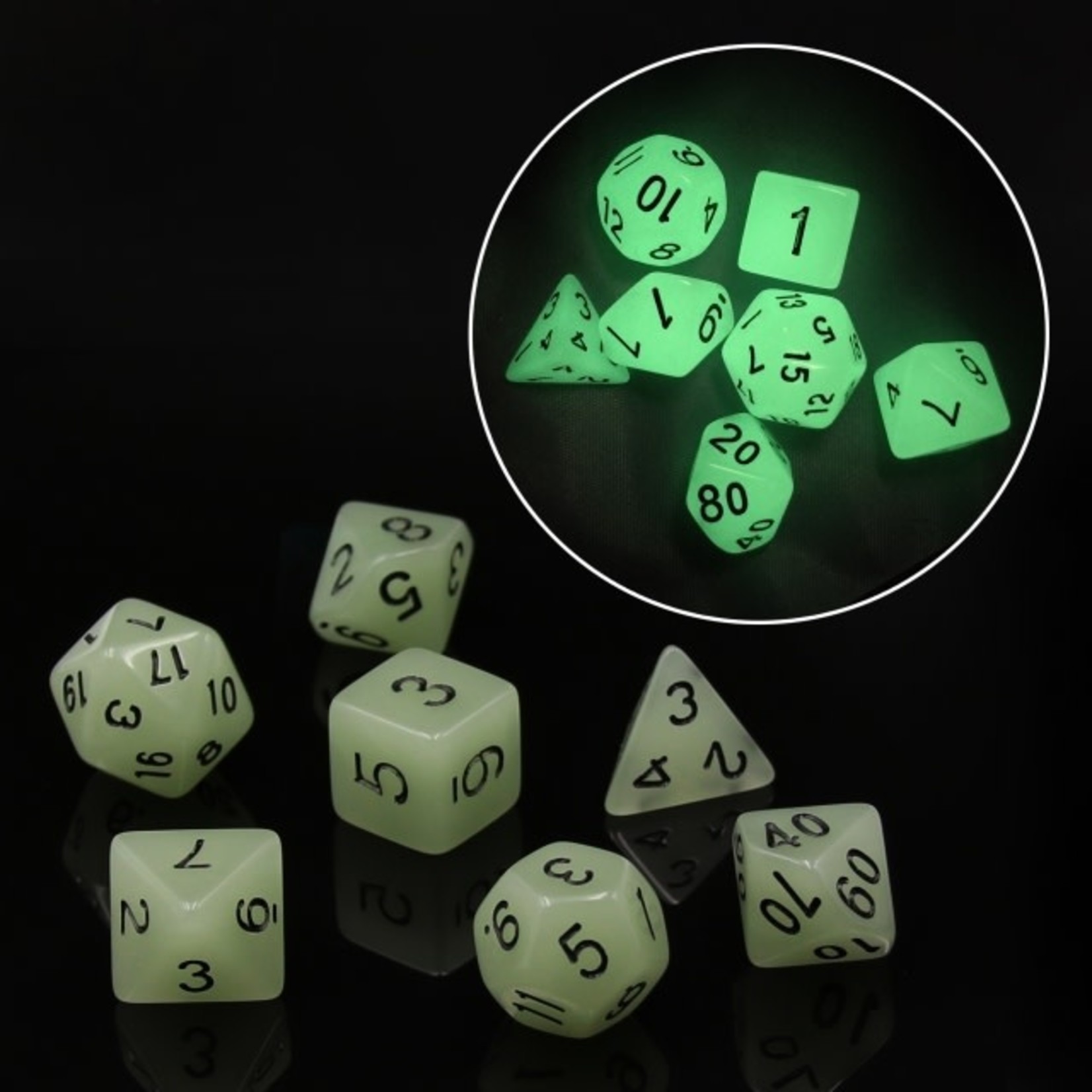 HD Dice 7-Set Glow in the Dark White Dice with Black Numbers (HD)