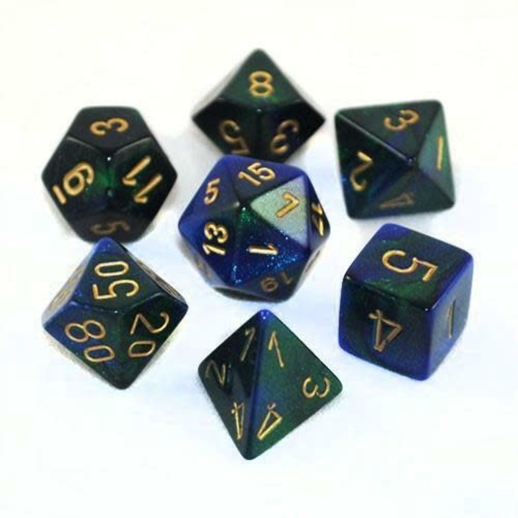 Chessex 7-Piece Dice Set: Gemini #3 Blue and Green with Gold Numbers