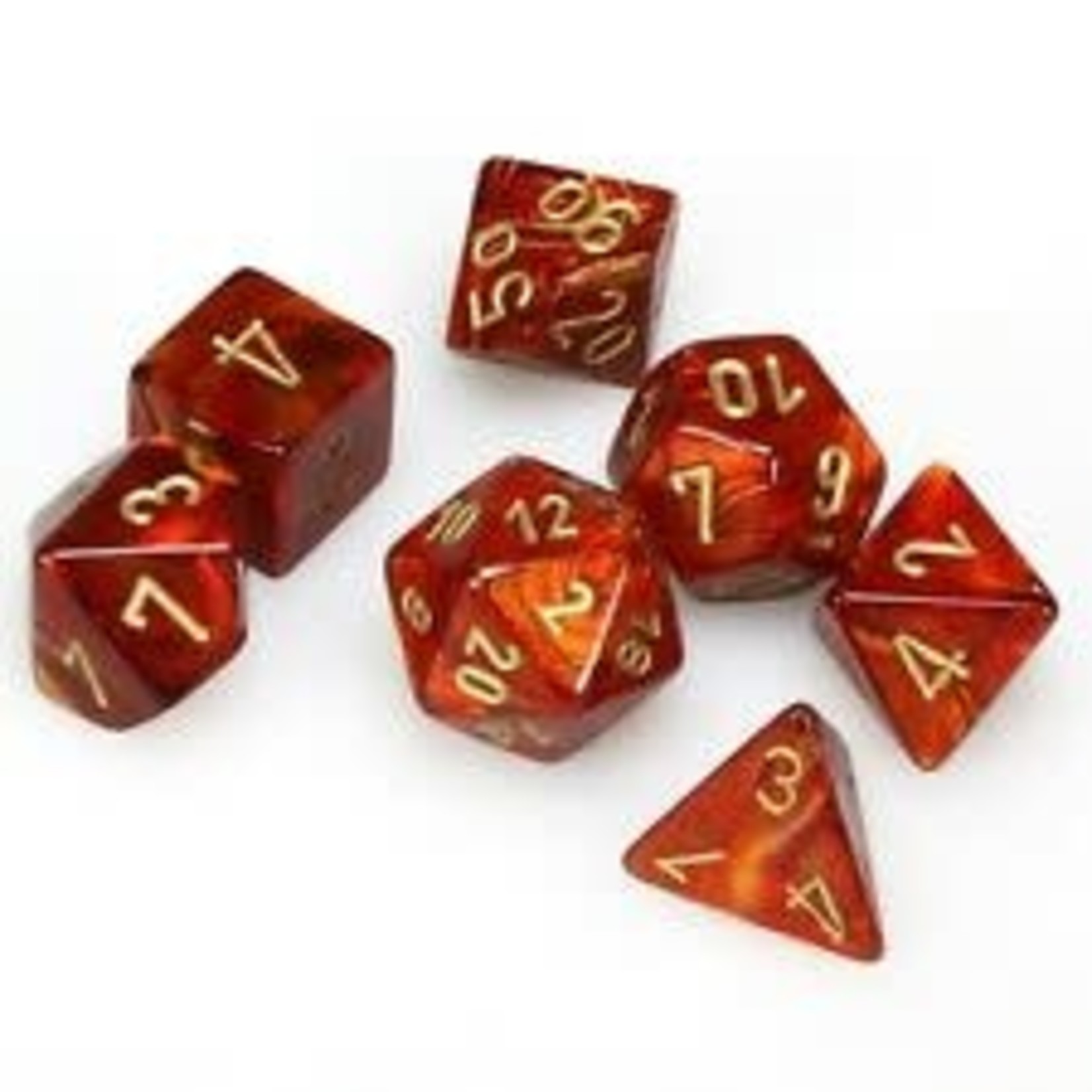Chessex Dice: 7-Set Cube Scarab Scarlet with Gold Numbers (Chessex)