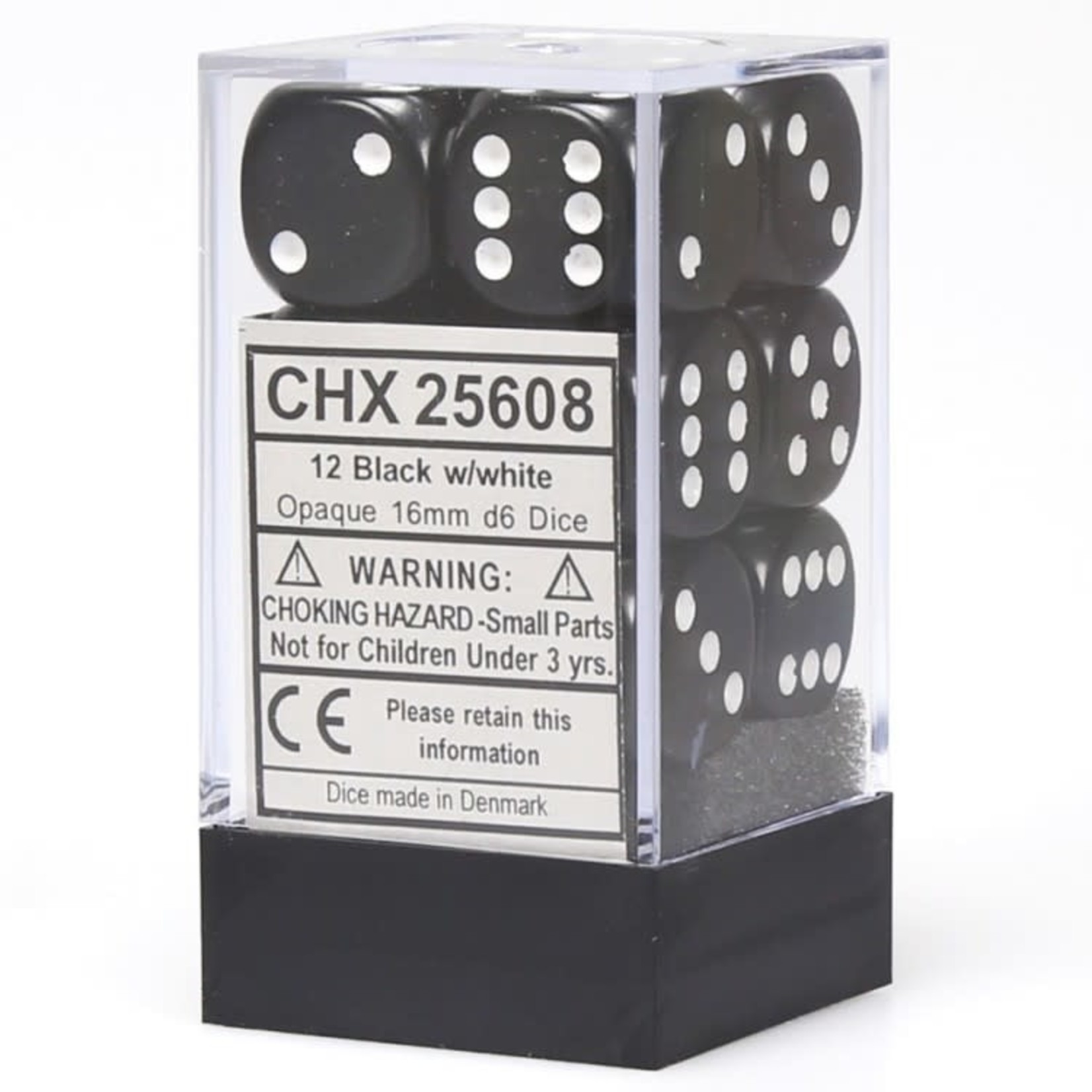 Chessex 12-Piece Dice Set: Opaque Black with White Pips (16mm, D6s Only)