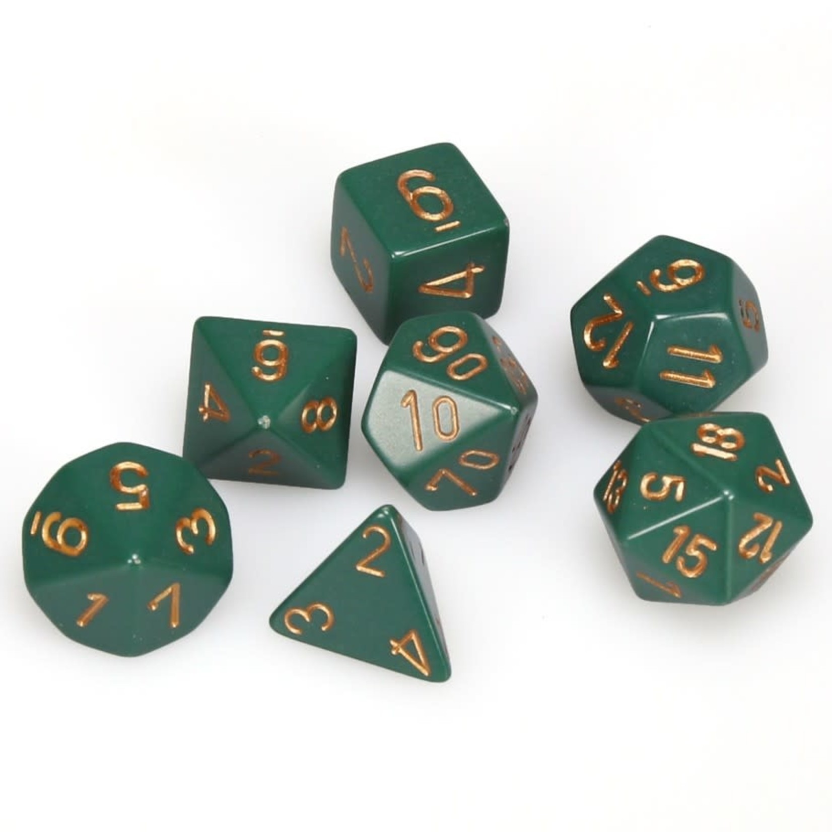Chessex 7-Piece Dice Set: Opaque Dusty Green with Copper Numbers