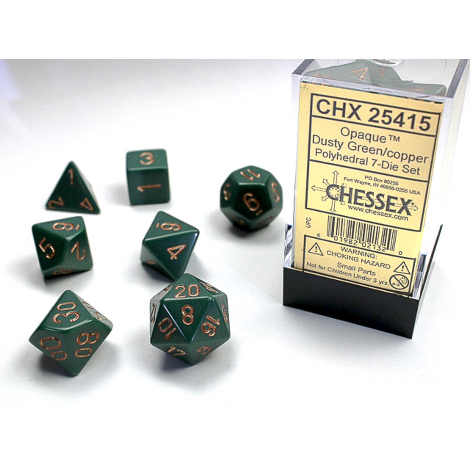 Chessex 7-Piece Dice Set: Opaque Dusty Green with Copper Numbers