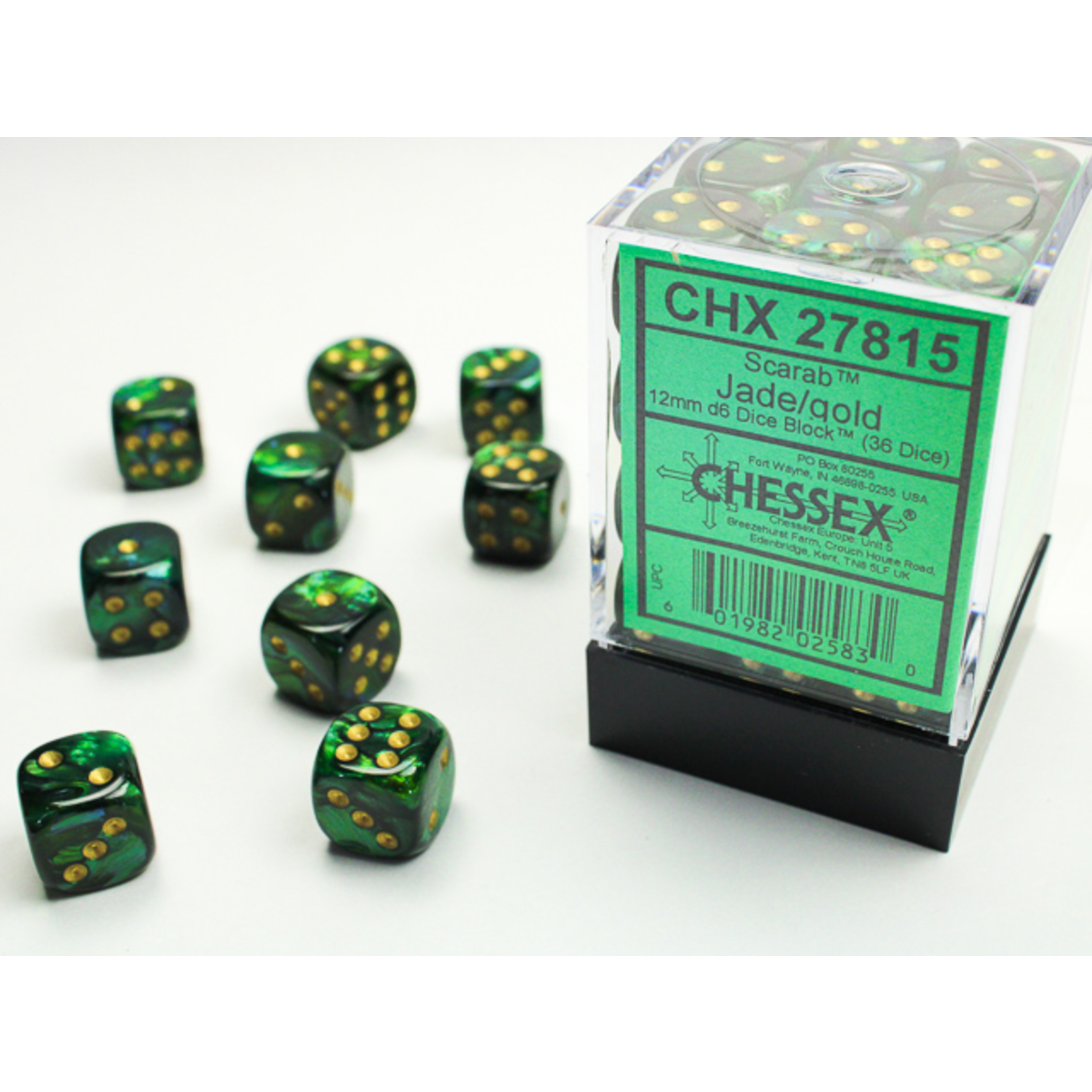 Chessex 36-Piece Dice Set: Scarab Jade with Gold Pips (12mm, D6s Only)