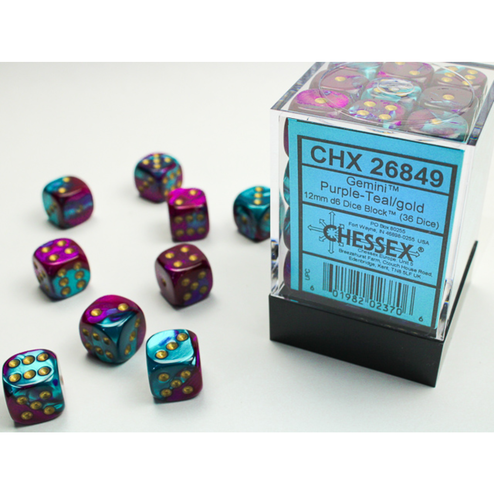 Chessex 36-Piece Dice Set: Gemini Purple-Teal with Gold Pips (12mm, D6s Only)
